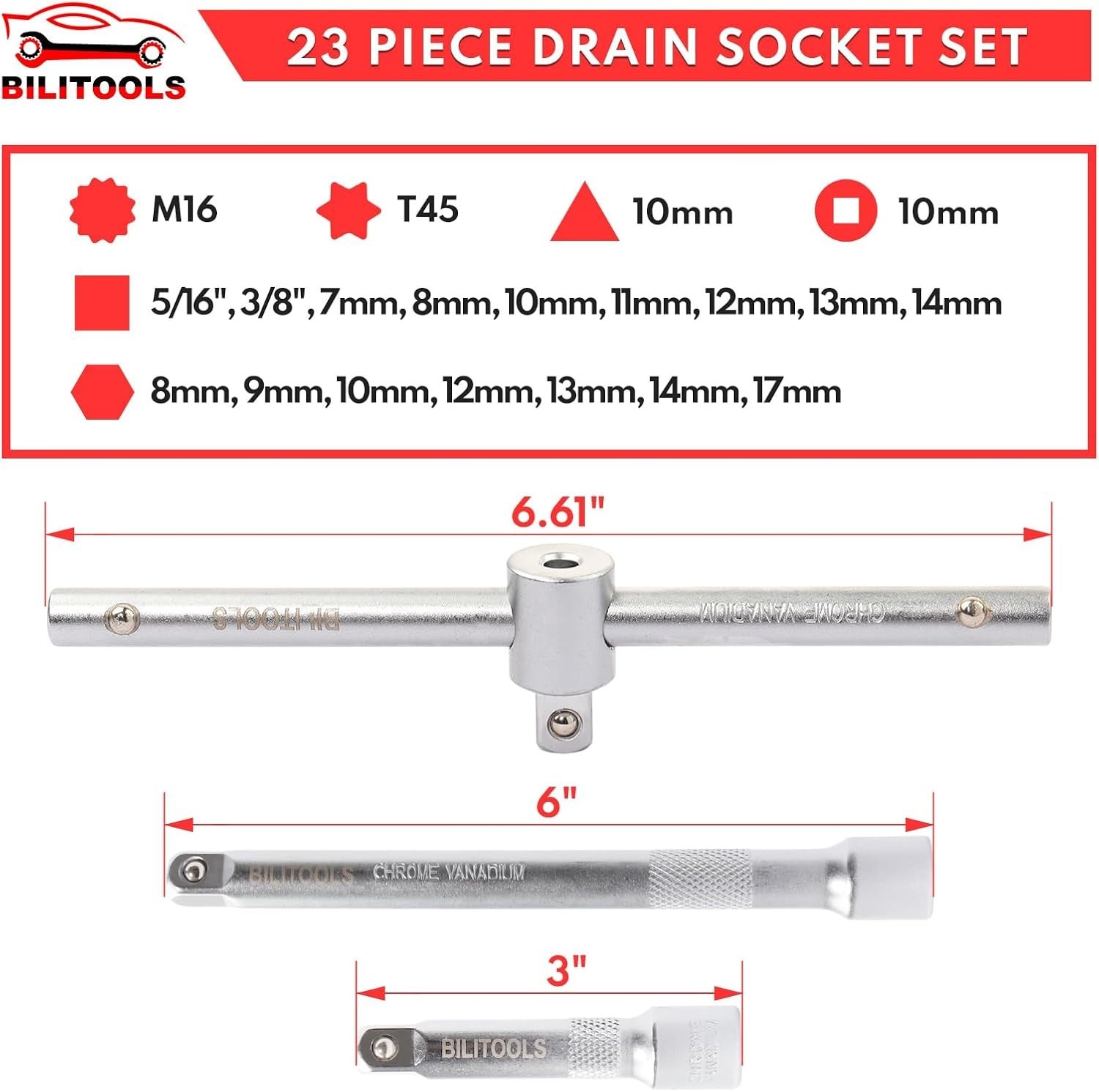 23-Piece Drain Plug Socket Set – 3/8″ Drive for Engine & Gearbox Maintenance
