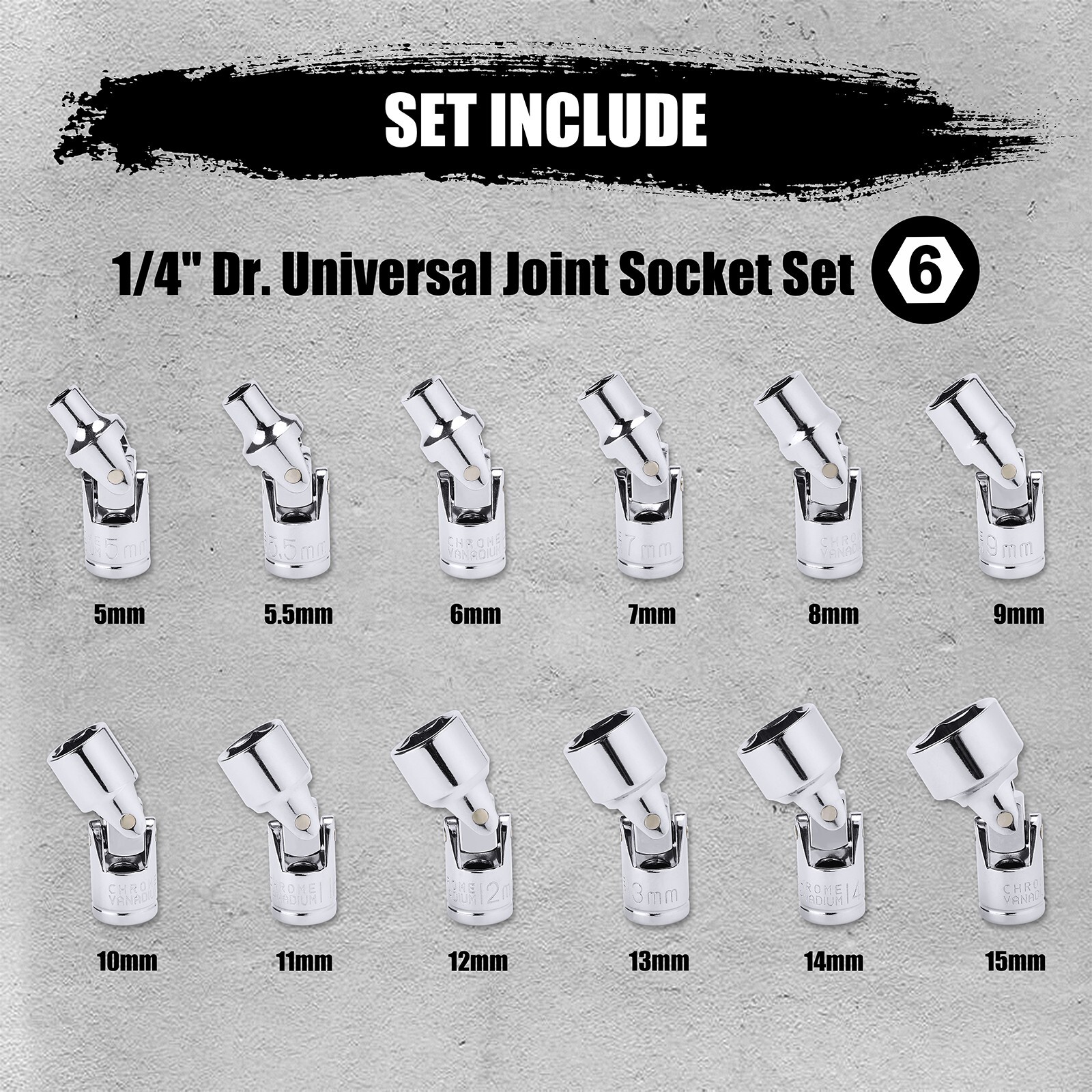 12 pieces 1/4″ Drive Metric Universal Joint Impact Socket Set, Swivel Head, CR-V