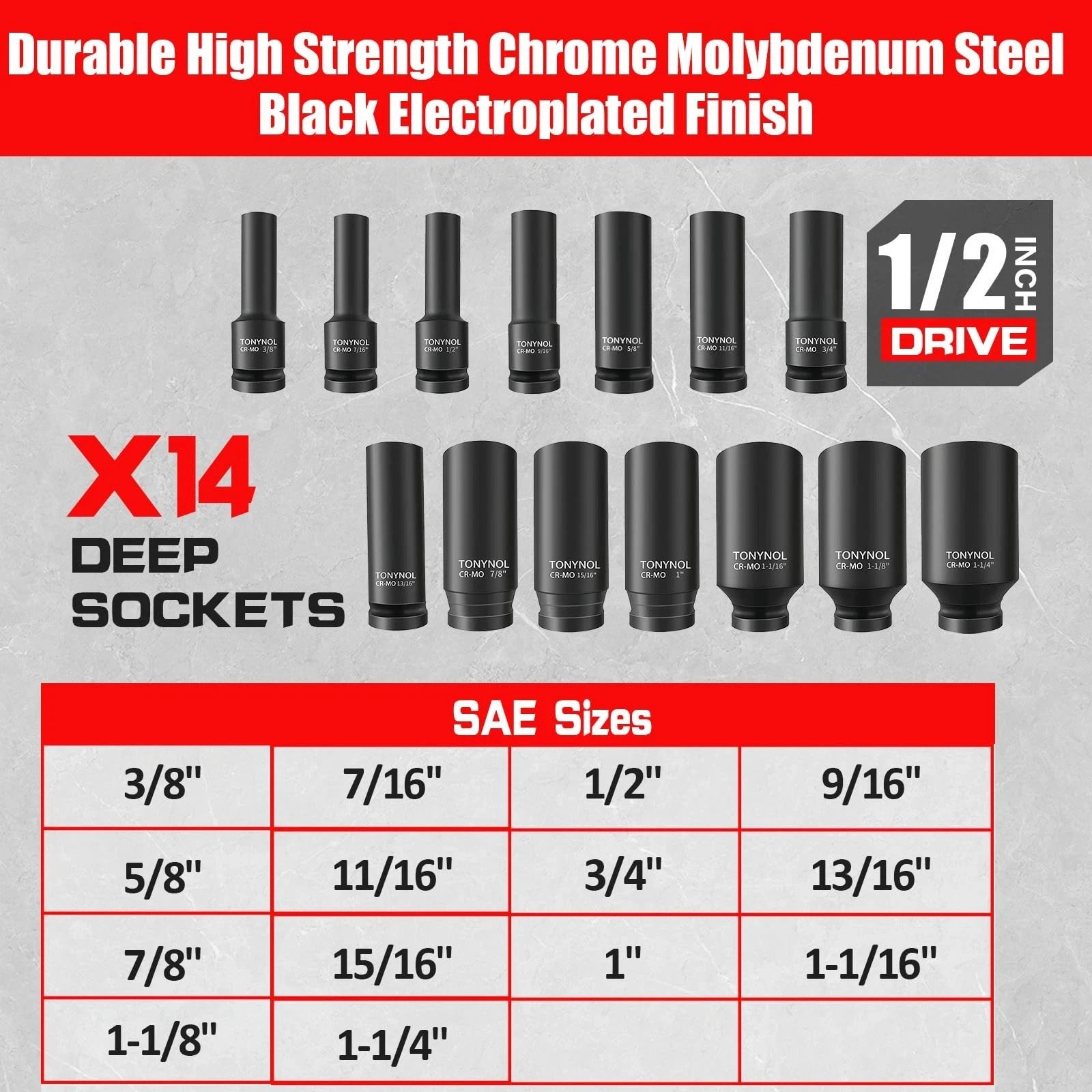 1/2 Inch Deep Drive Impact Socket Set,12-Point,SAE(3/8″ to 1-1/4″),14 Pcs,Cr-…