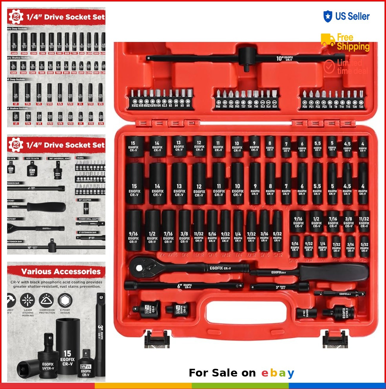 1/4 Inch Drive Impact Socket Set 90 Piece Metric SAE Ratchet Bit Kit for