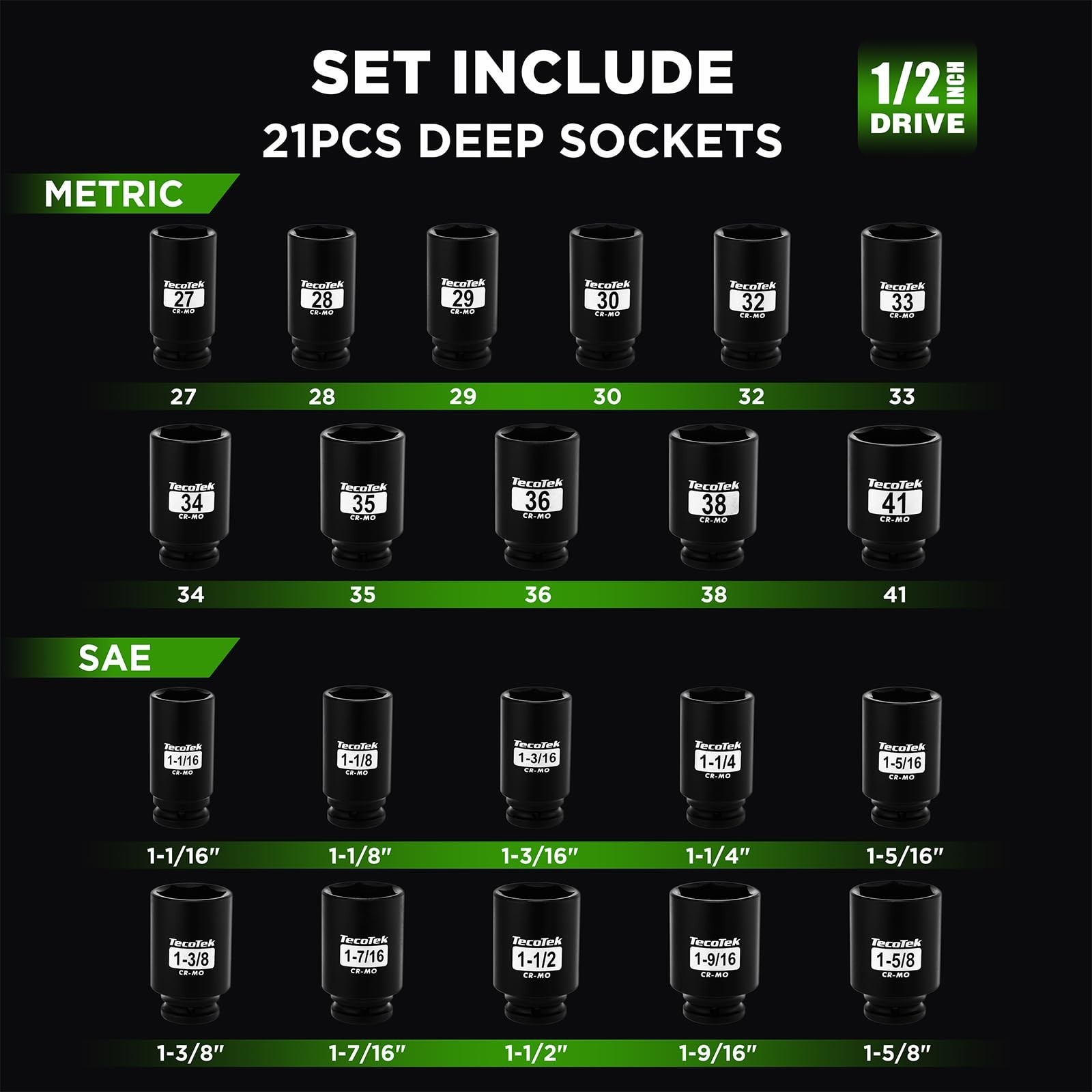 21-Piece 1/2″ Drive Deep Impact Socket Set, SAE & Metric, CR-MO, Spindle Axle Nu