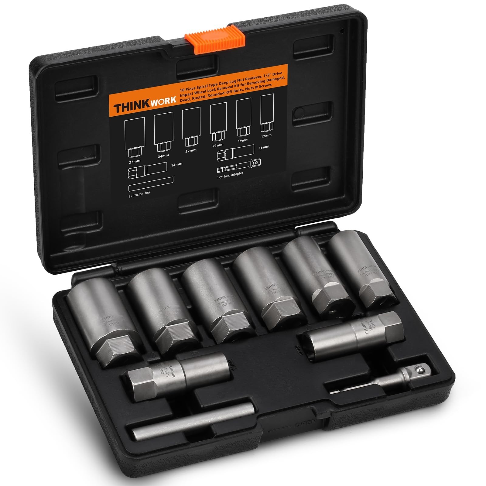 10-Piece Lug Nut Extractor Set, 1/2″ Drive, for Damaged/Rusted Fasteners, 14-27m