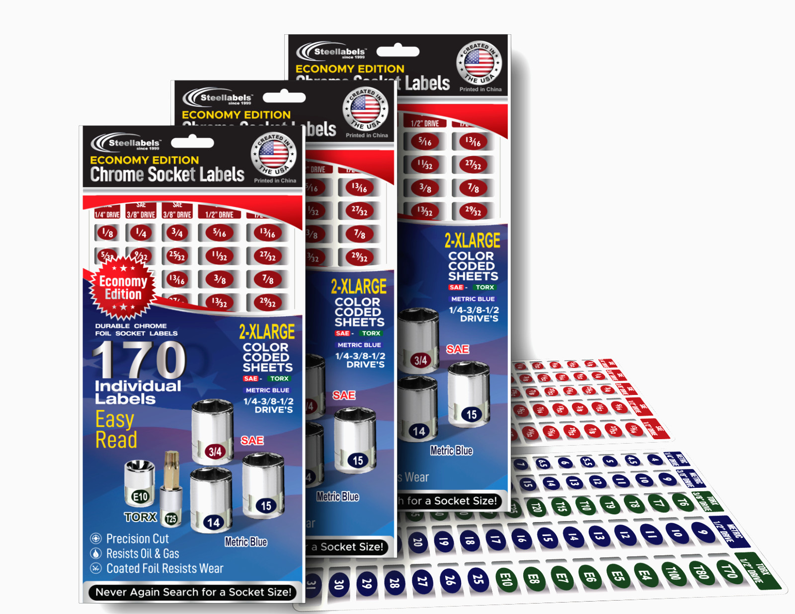 Economy Master Set (3 Pack) Chrome Foil Socket Labels – 510 tool decals 6 sheets