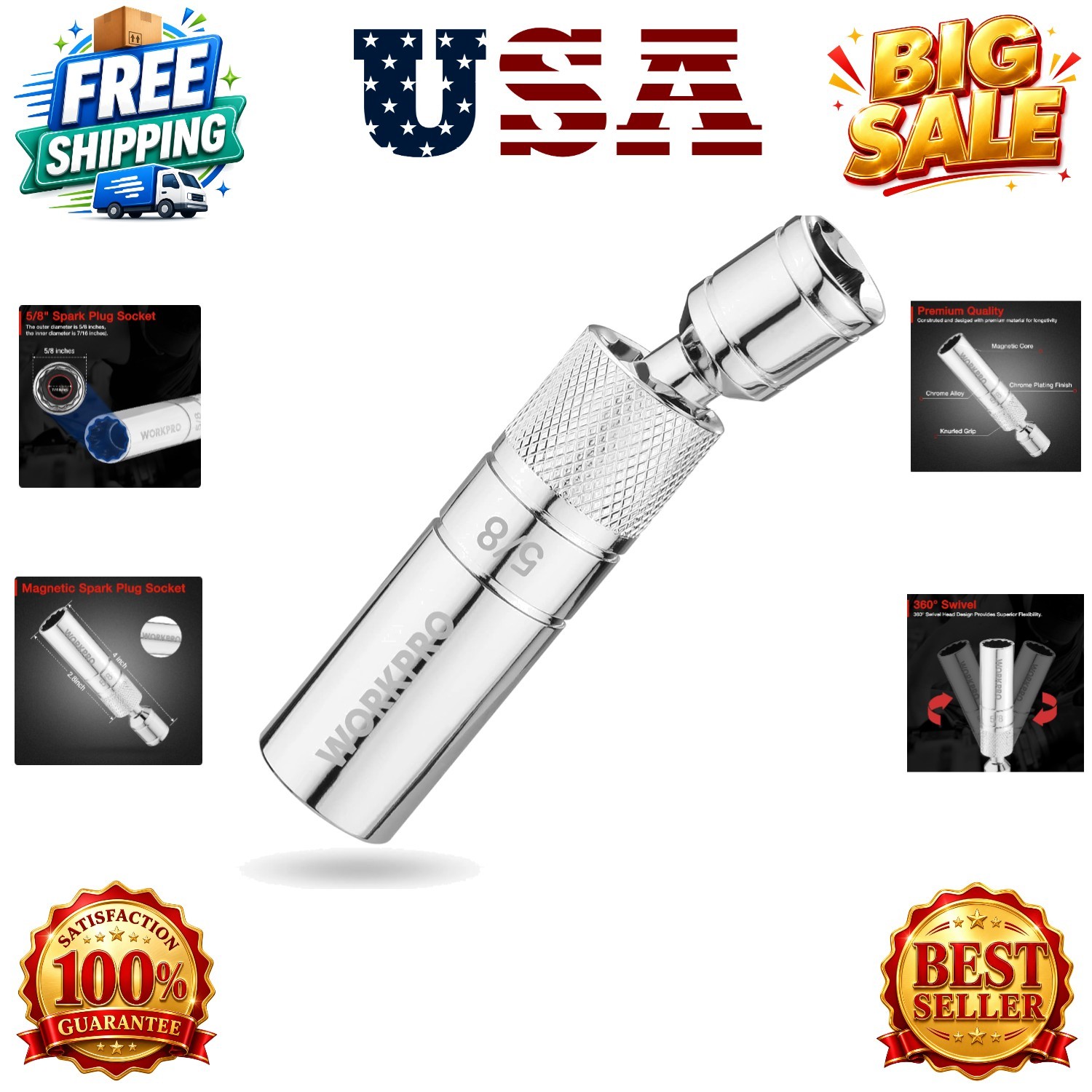 5/8″ Magnetic Swivel Spark Plug Socket, 3/8″ Drive x 4″ Total Length, Enhance…
