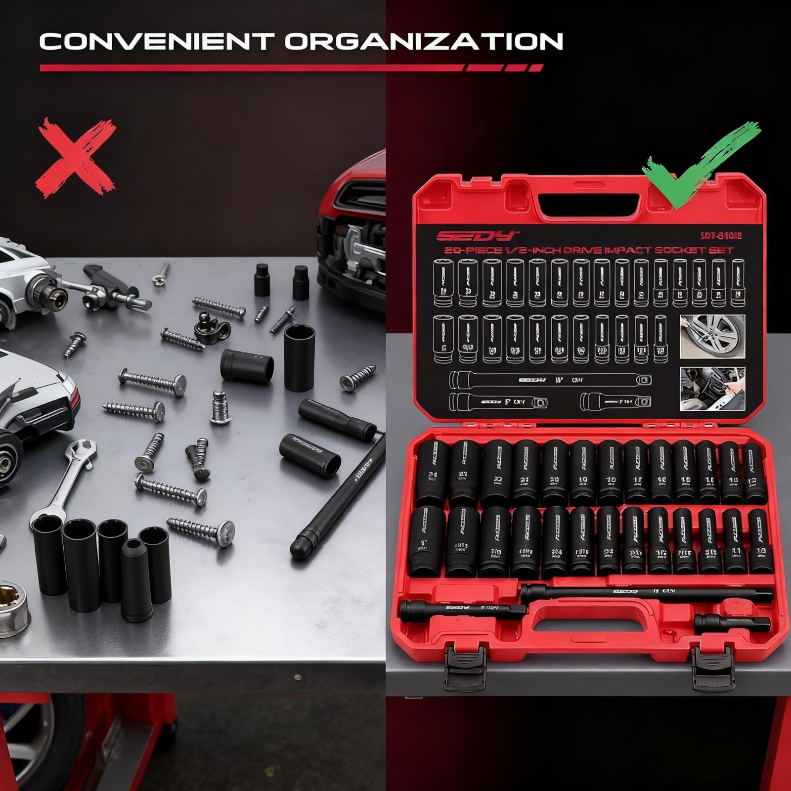 29-Piece 1/2″ Drive Impact Socket Set, SAE & Metric, Deep & Standard Sockets, CR