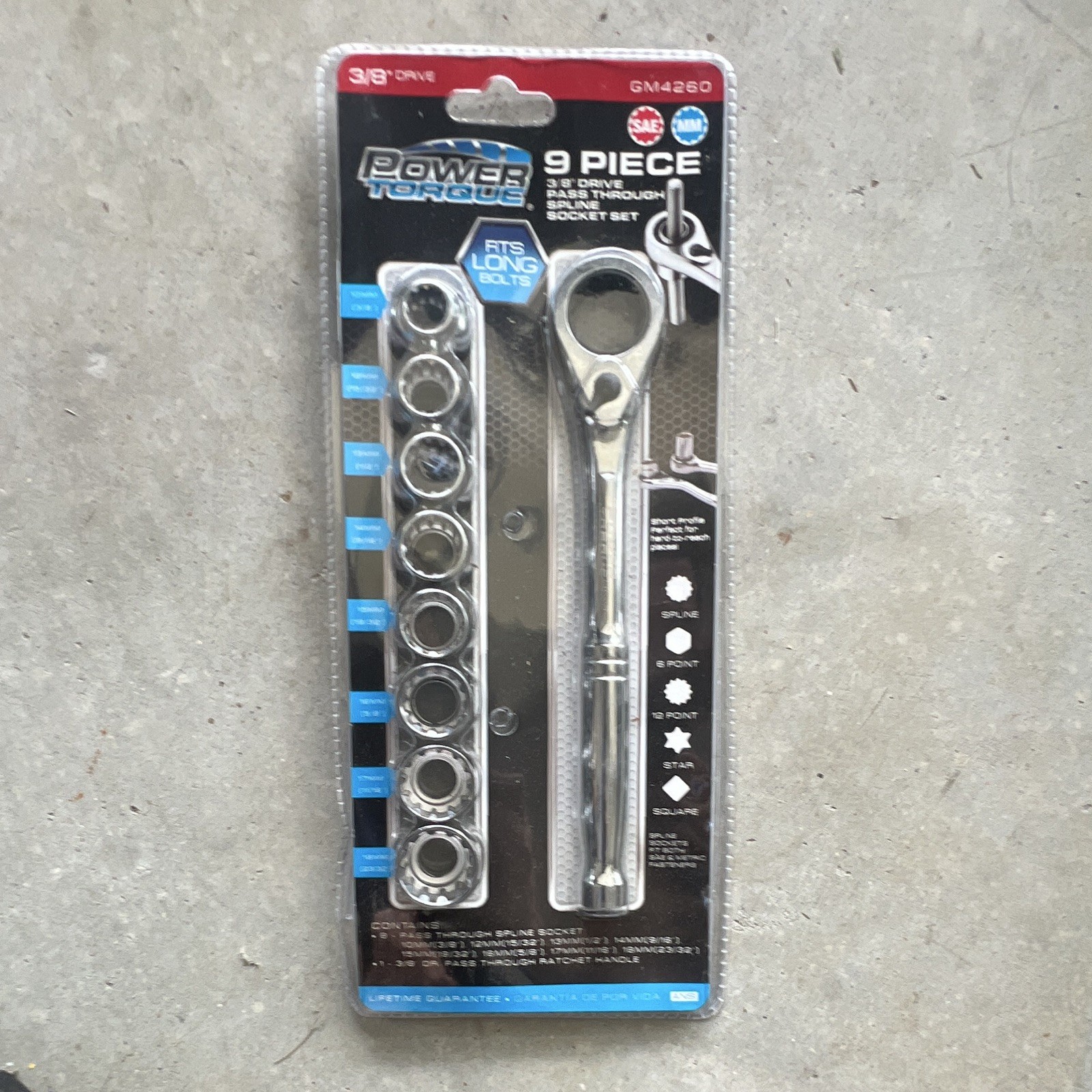 Power Torque 9 Piece 3/8 Drive Pass Through Spline Socket Set Gm4260