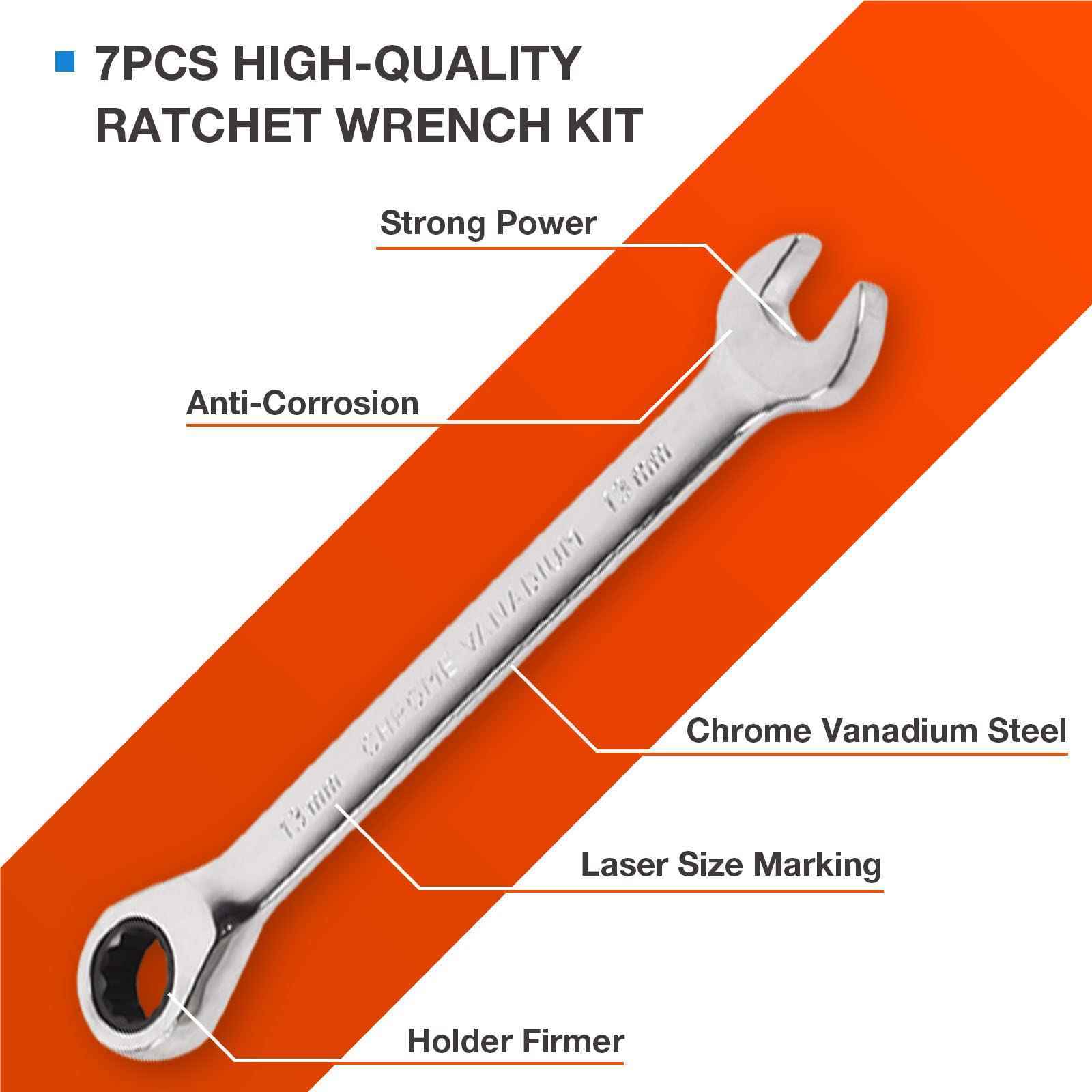7PC Ratchet Combination Wrench Kit 8mm-19mm Chrome Vanadium Steel Fixed Spanners
