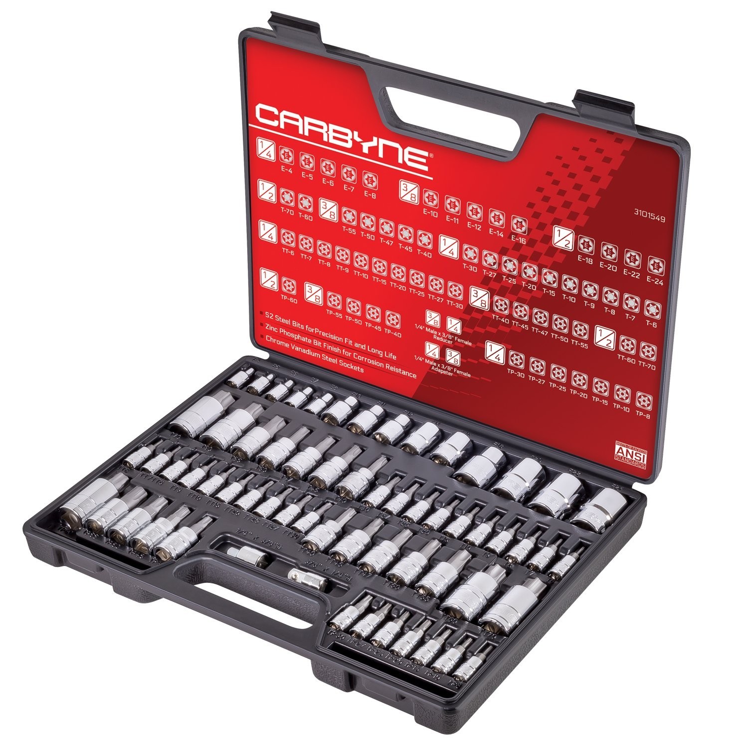 62-Piece Torx Bit Socket Set – S2 Steel, Tamper Resistant, T6-T70, E4-E24, 1/4-1
