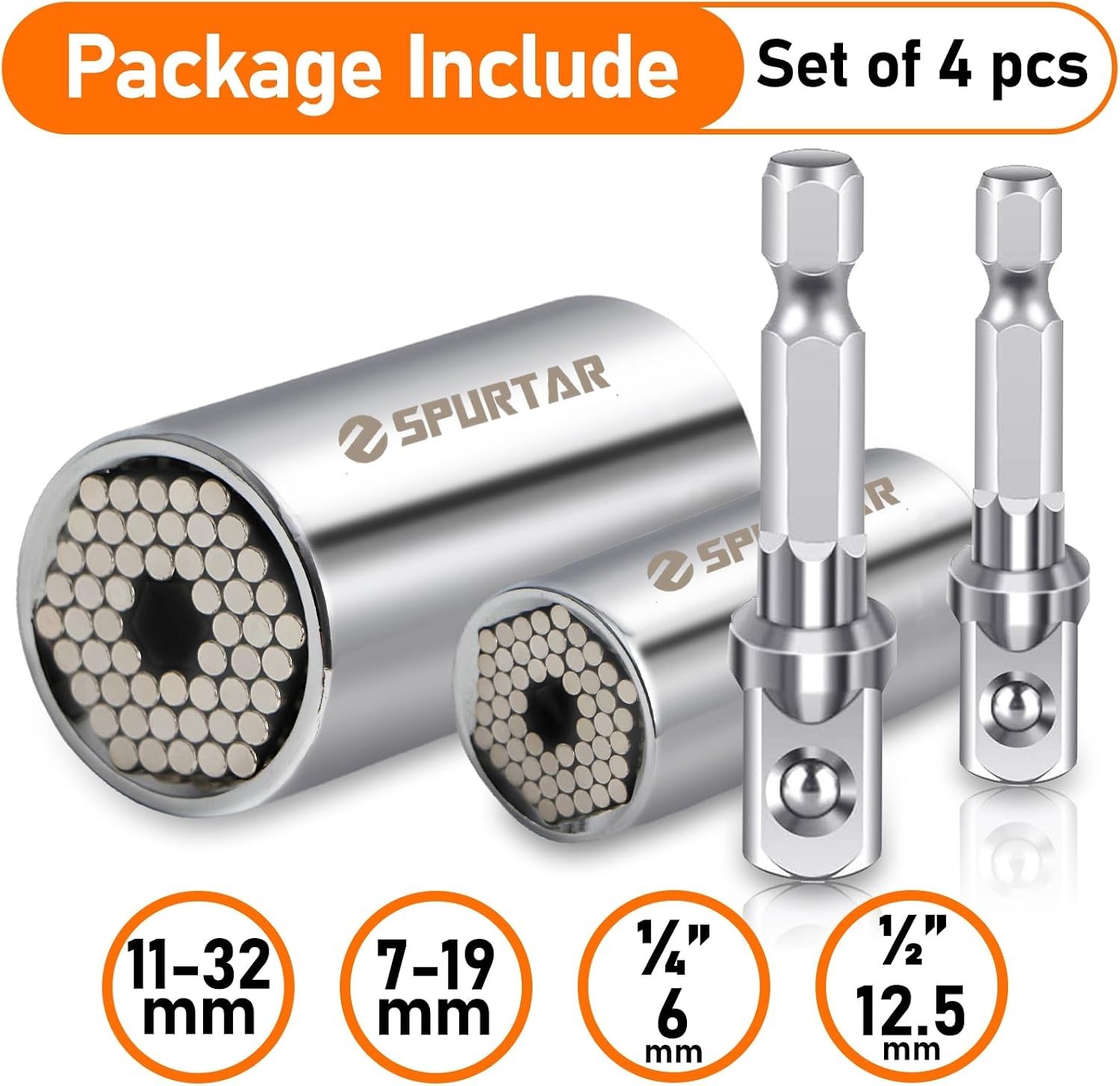 Universal Socket Set, 11-32mm, 7-19mm, 3/8″ 1/2″ Adapters, Polished
