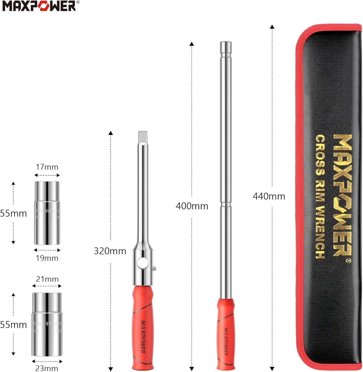 MAXPOWER Lug Wrench 1/2″ Drive with 2 Sockets (17/19, 21/23mm) + Box