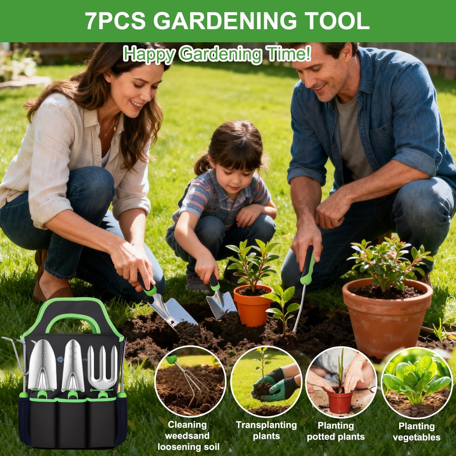 7-Piece Gardening Tools Heavy Duty Garden Tool Set Hand Tool Kit Black Green