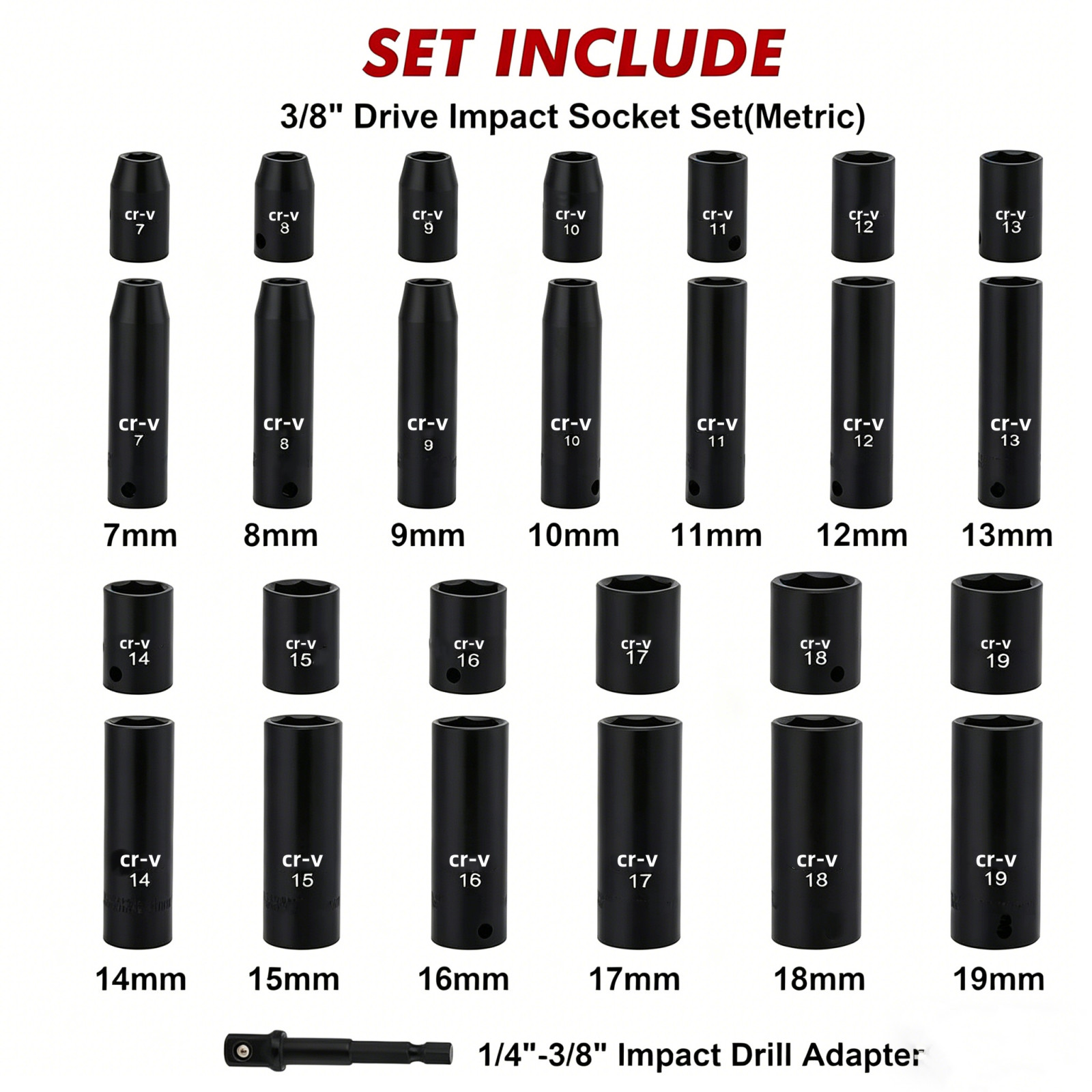 27 PCS Drive Impact Socket Set Deep Shallow Metric 7mm-19mm 6-Point Flank Drive