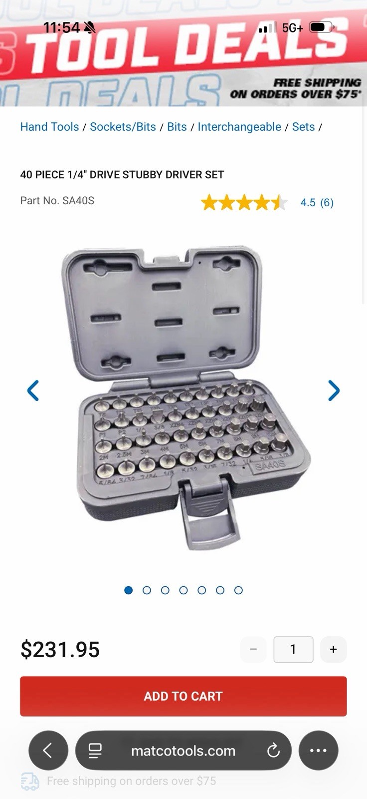 MATCO TOOLS 40 Piece 1/4 Drive Stubby Bit Set with Case