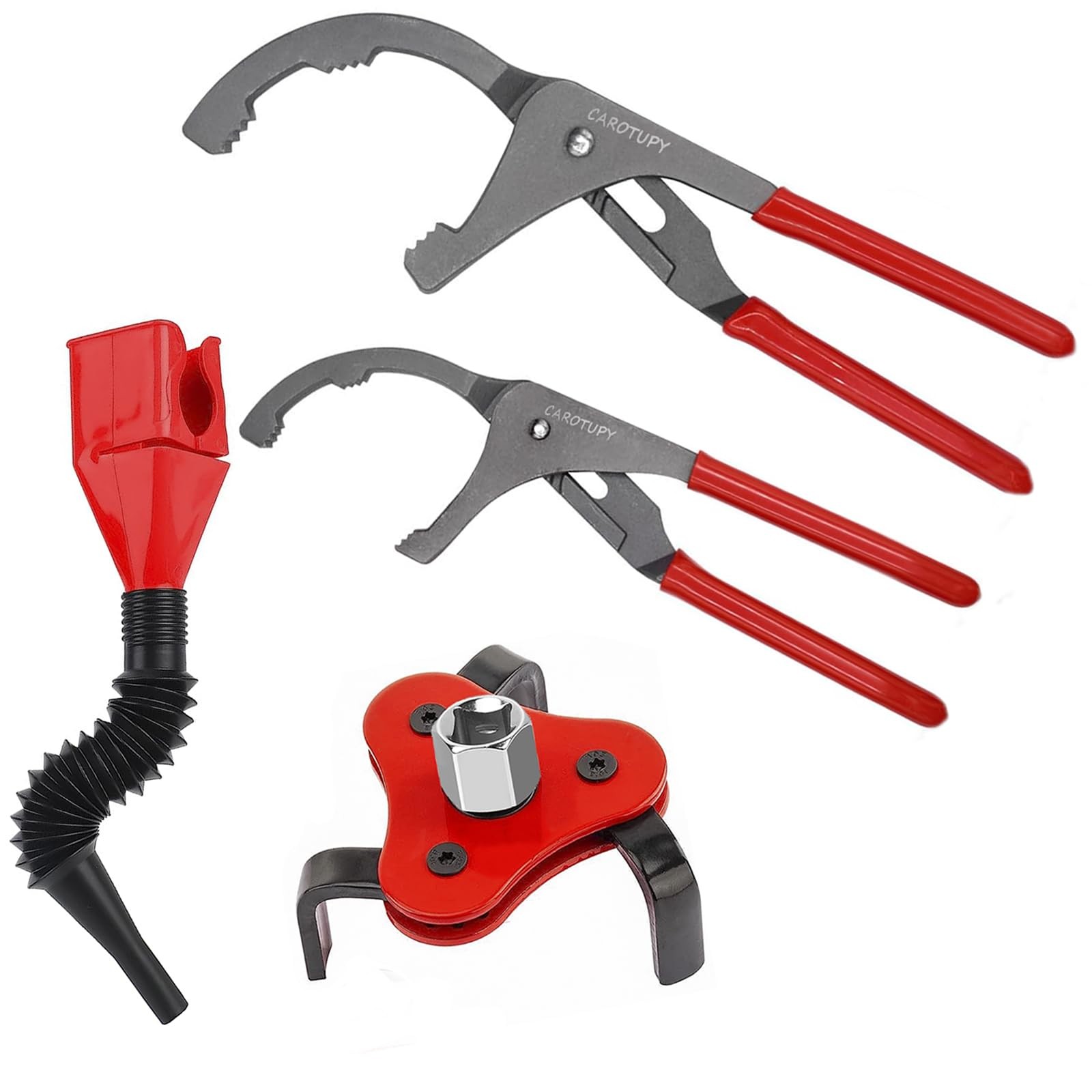 4-Piece Oil Filter Pliers Set 3-Jaw Wrench 9″ and 12″ Pliers Snap Funnel