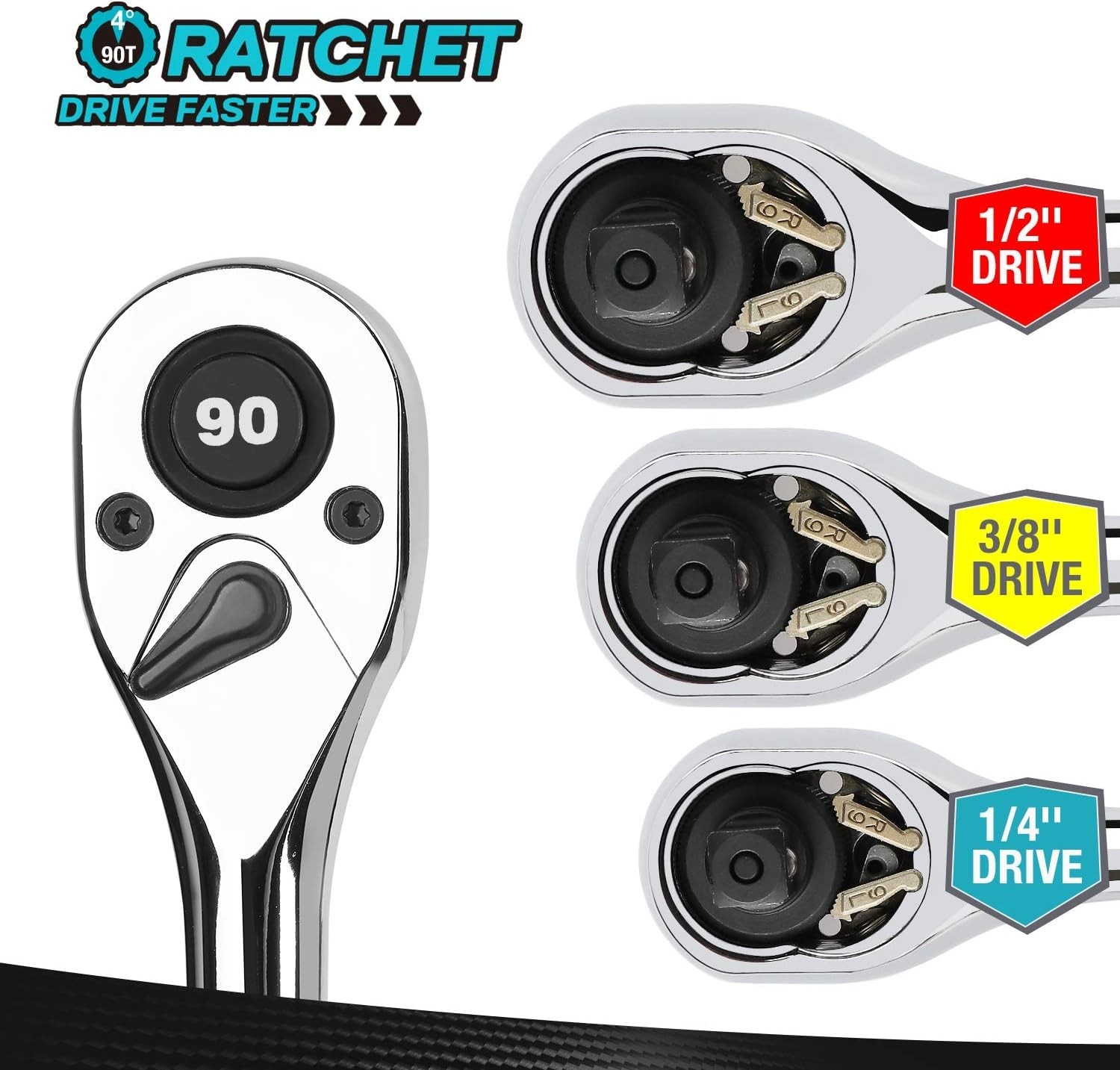 3-Piece Drive Ratchet Set 1/4 3/8 1/2 Inch 90-Tooth Quick Release Reversible Cr