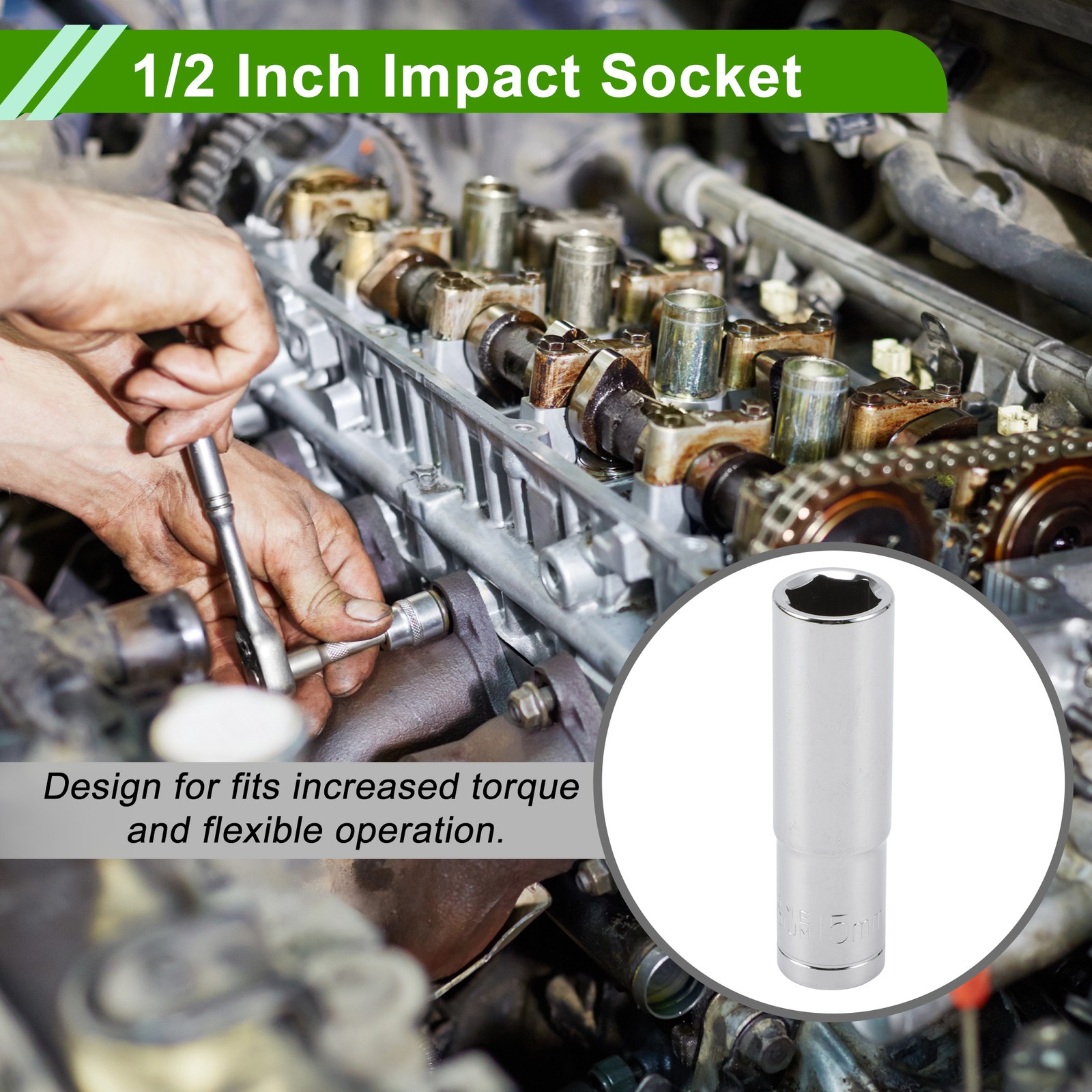 Universal 1/2 Inch Drive Impact Socket 15mm 6 Point Chrome Vanadium Steel 78mm