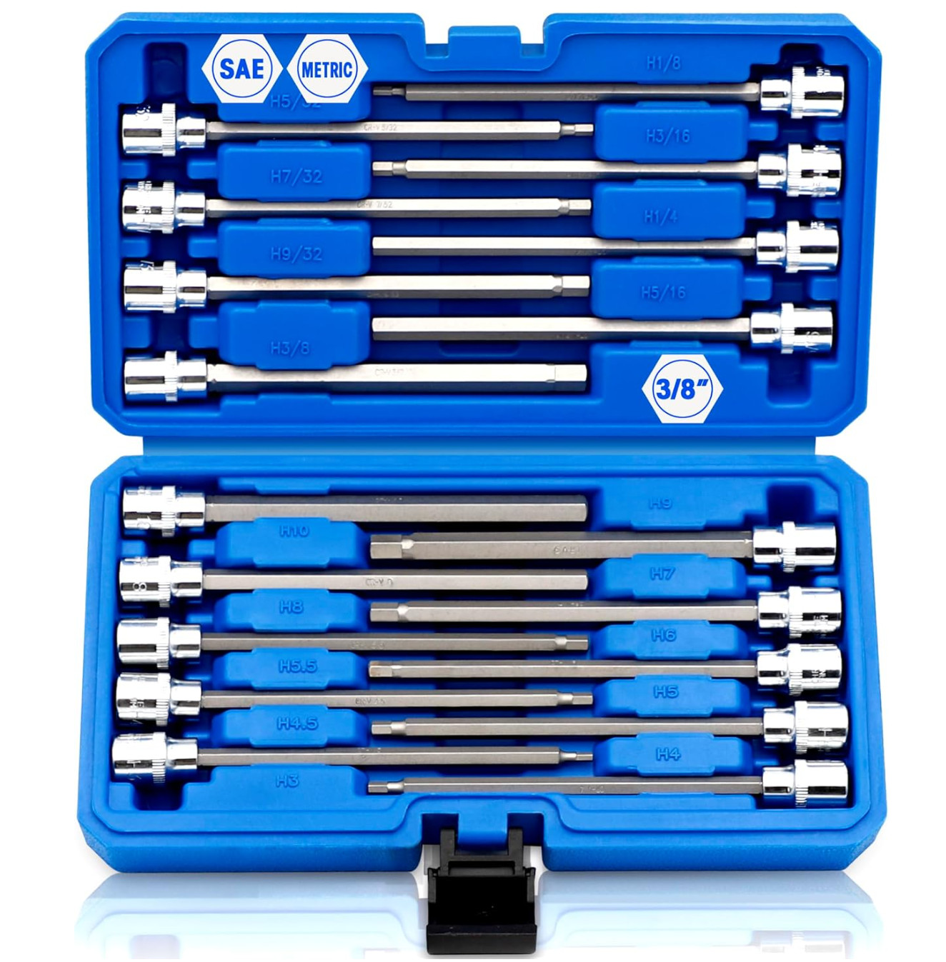 18piece 3/8 Inch Drive Extra Long Allen Hex Bit Socket Set Sae & Metric 1/83/8