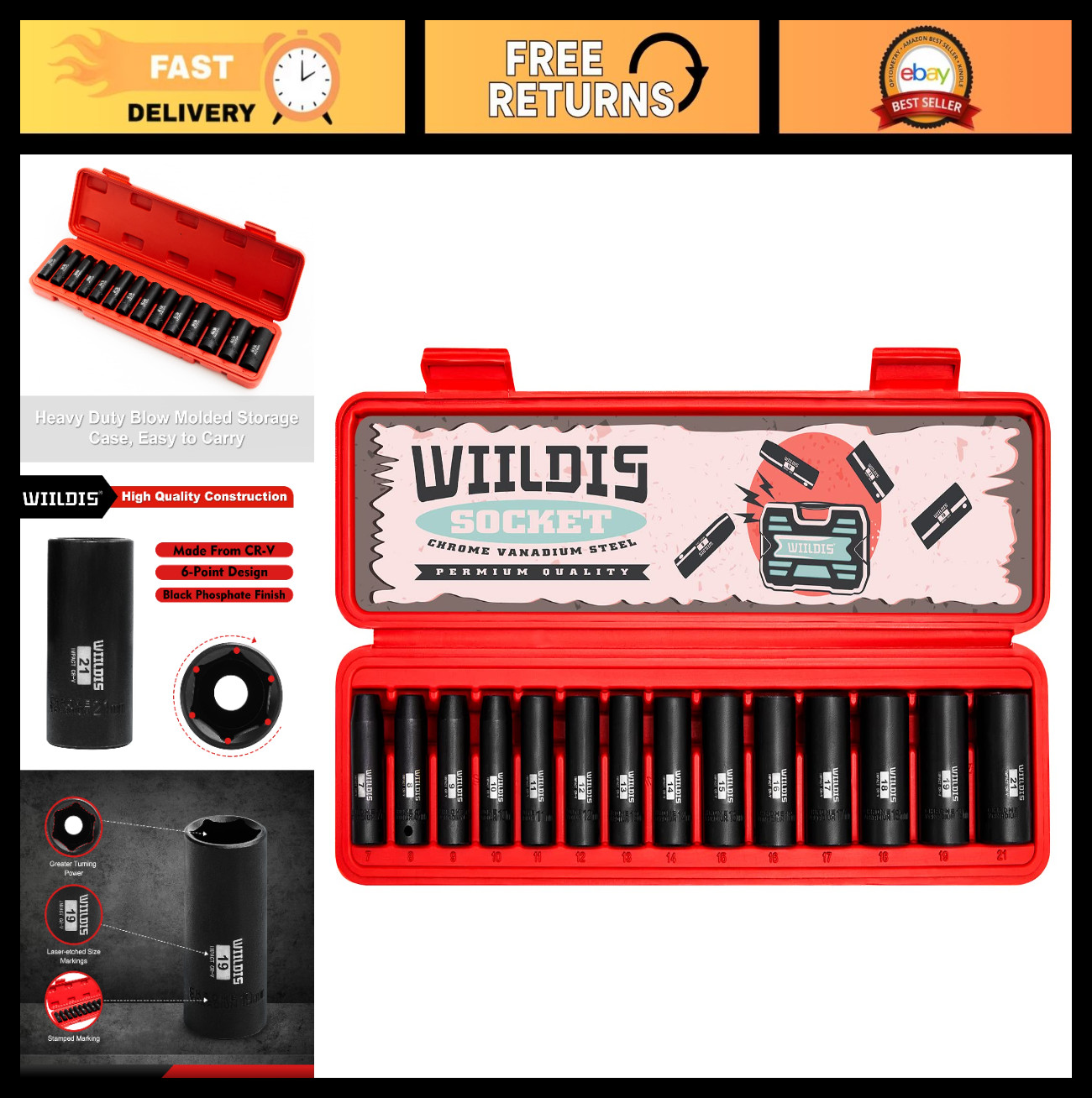14-Piece 3/8″ Drive Deep Impact Socket Set, 7mm-21mm, Metric, CR-V, 6-Point