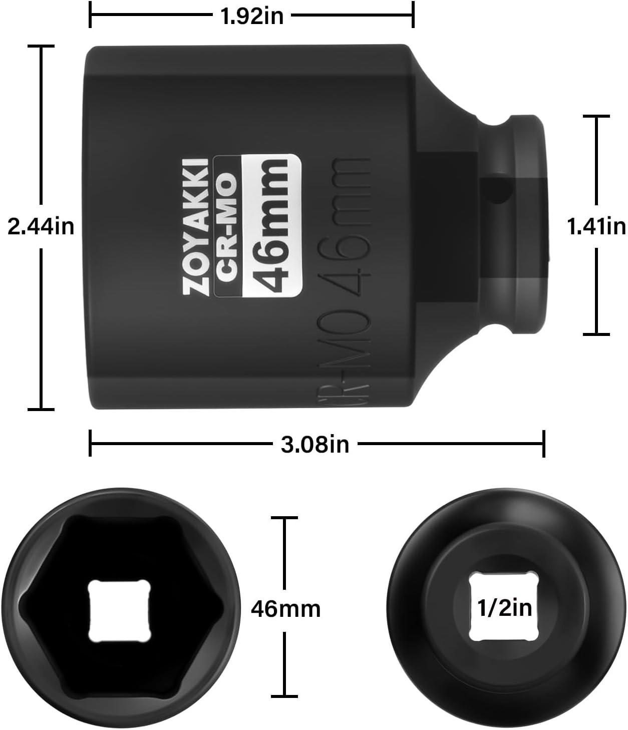 High-Precision 46mm 1/2 Inch Drive Impact Socket with Laser-Etched Markings