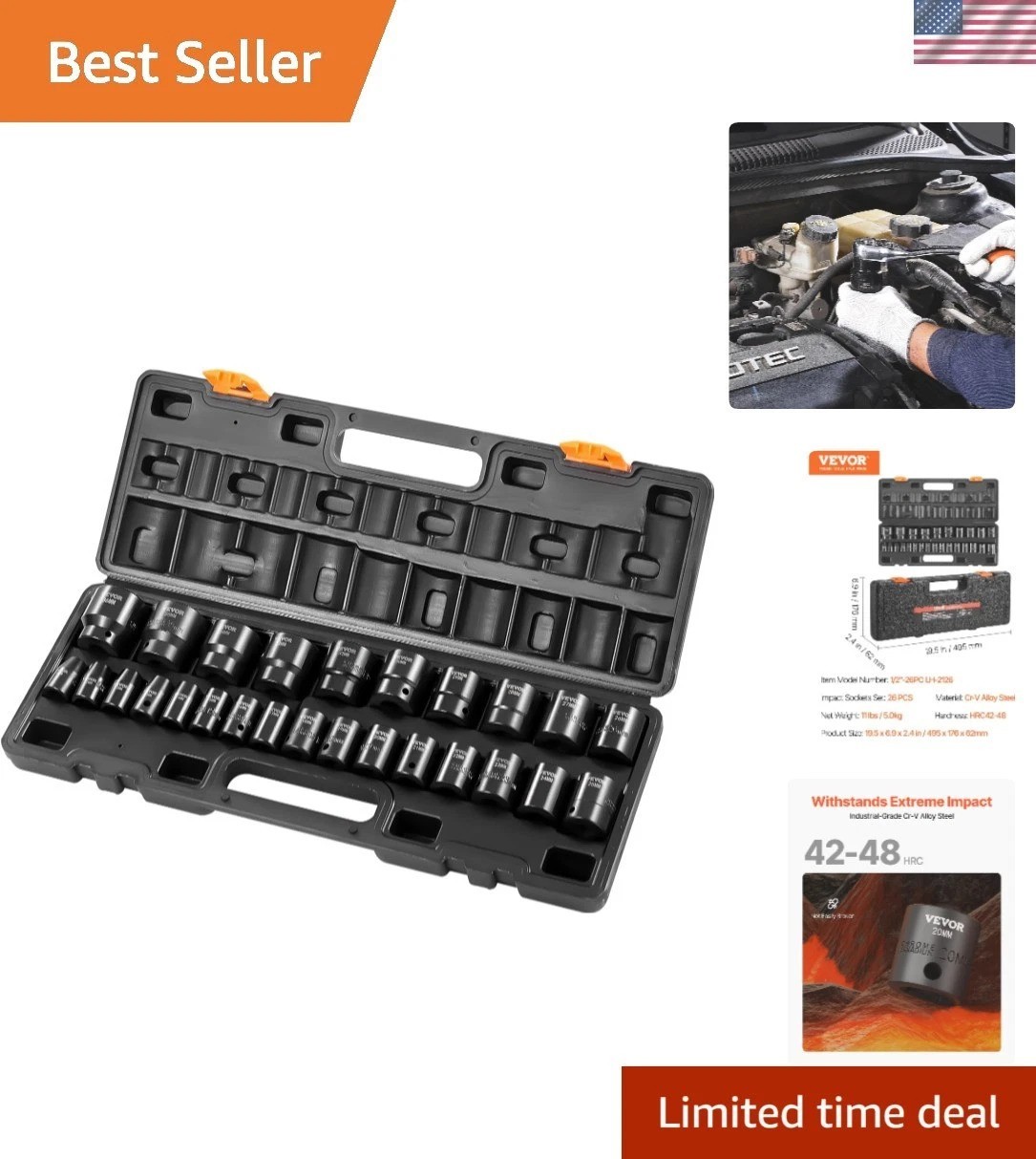 Compact 1/2″ Drive Impact Socket Set – 26-Piece Metric Set with 6-Point Design