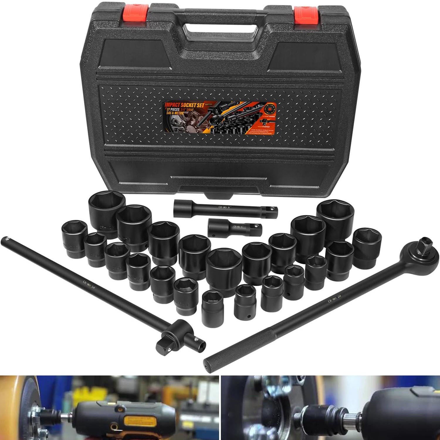 3/4″ Drive Deep Impact Socket Set 27Pcs SAE 7/8″-2″ Metric 22-50 MM Standard Kit
