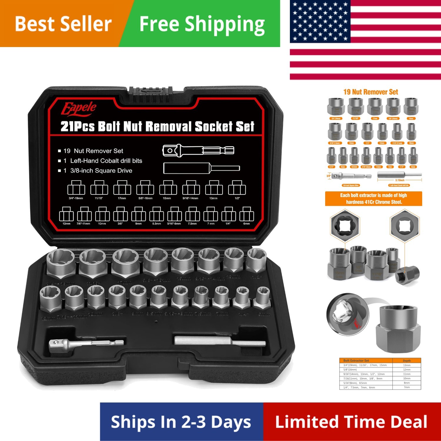 Bolt Extractor Set, Stripped Nut Remover Twist Sockets, Fit 3/8″ Square Drive…