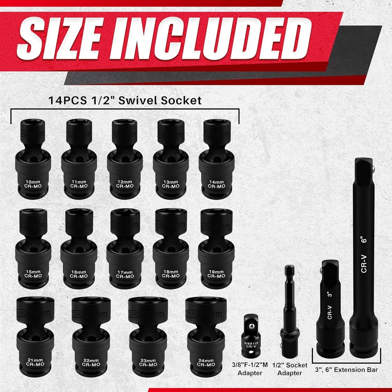 18 Pcs 1/2″ Drive Impact Swivel Socket Set Metric 6 Point Wobble 10-24mm CR-MO