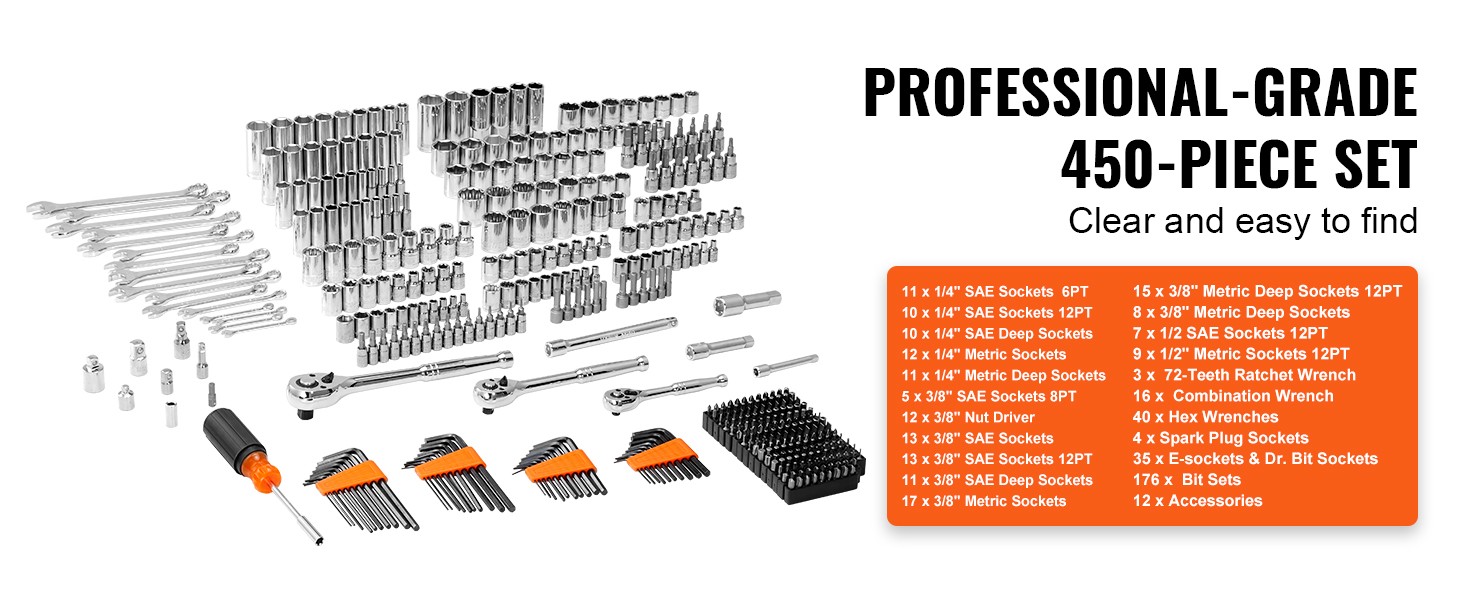 450-Piece Mechanics Tool Tool Set 1/2″ 1/4″ 3/8″ Metric Imperial Socket Wrenches