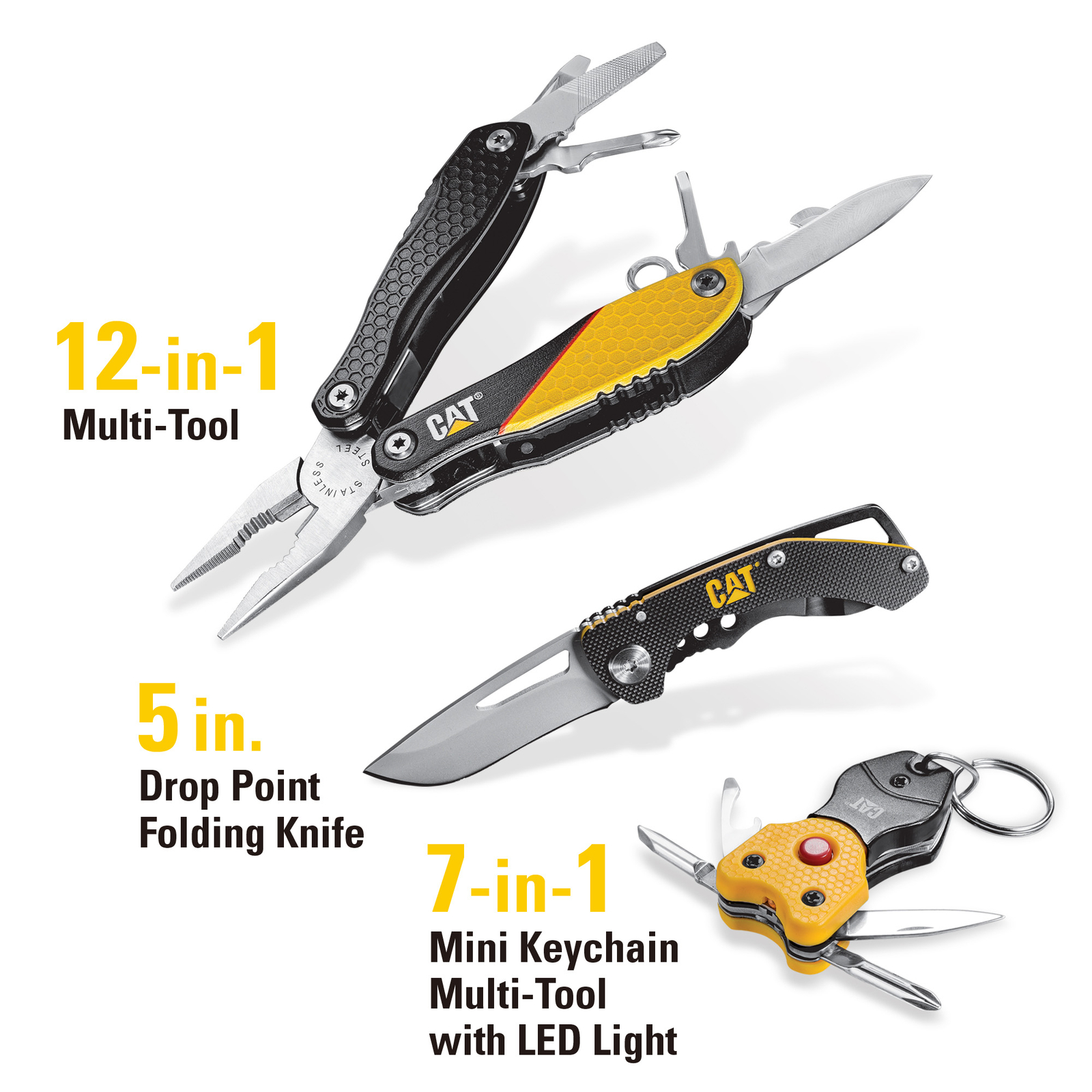 Cat 3 Piece Multi Tool, Folding Knife and Key Chain Tool Gift Box Set – 240192