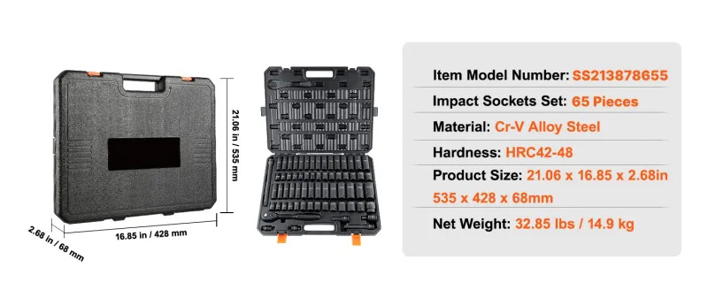 VEVOR Impact Sockets Set 65pcs 6-Point 1/2in Drive Bit Ratchet Tool Kit Case