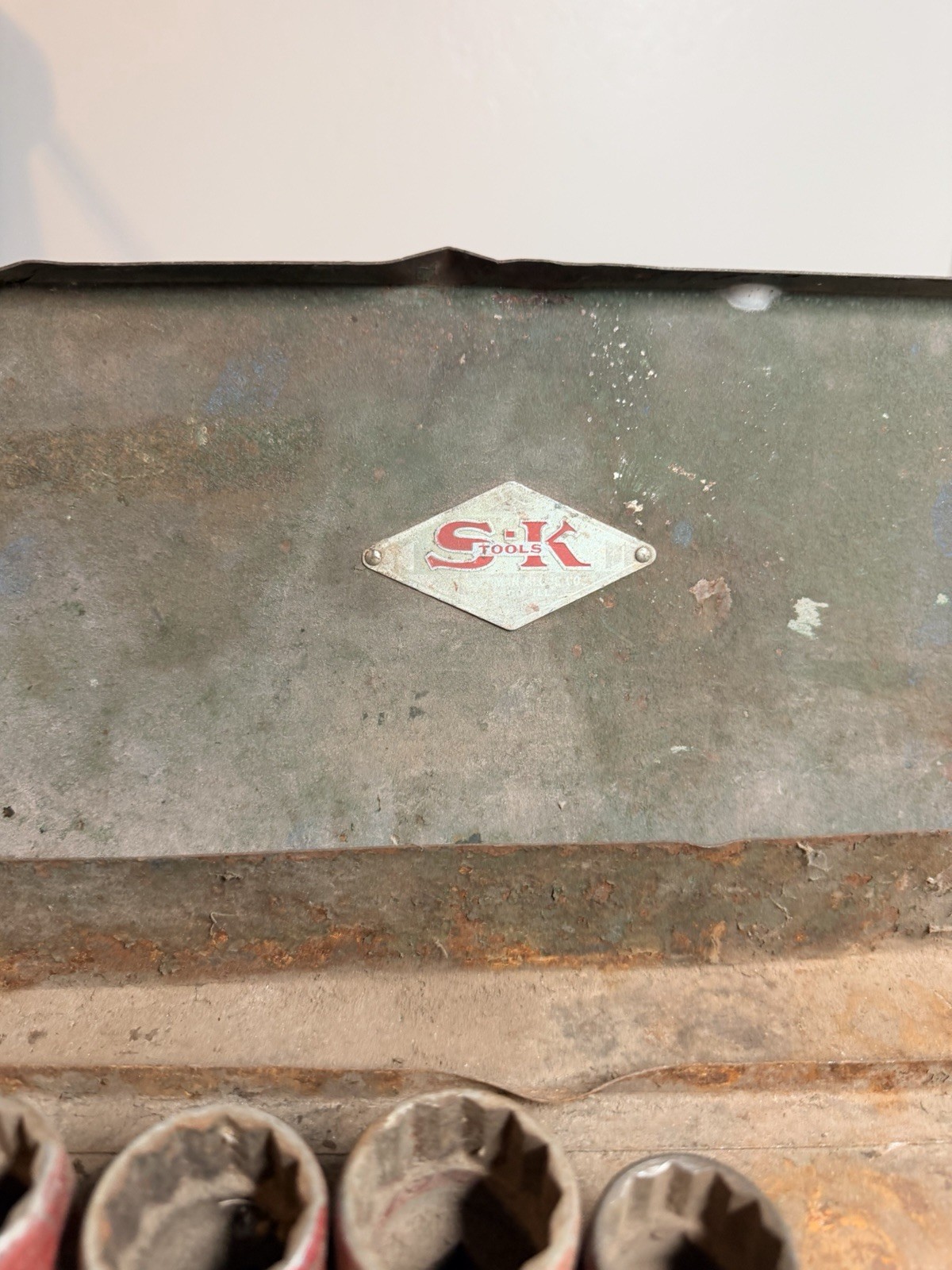 SK Tools 1/2” Drive Metal Case With 15/16” 1” 1-1/16” 1-1/8” USA Sockets Vintage