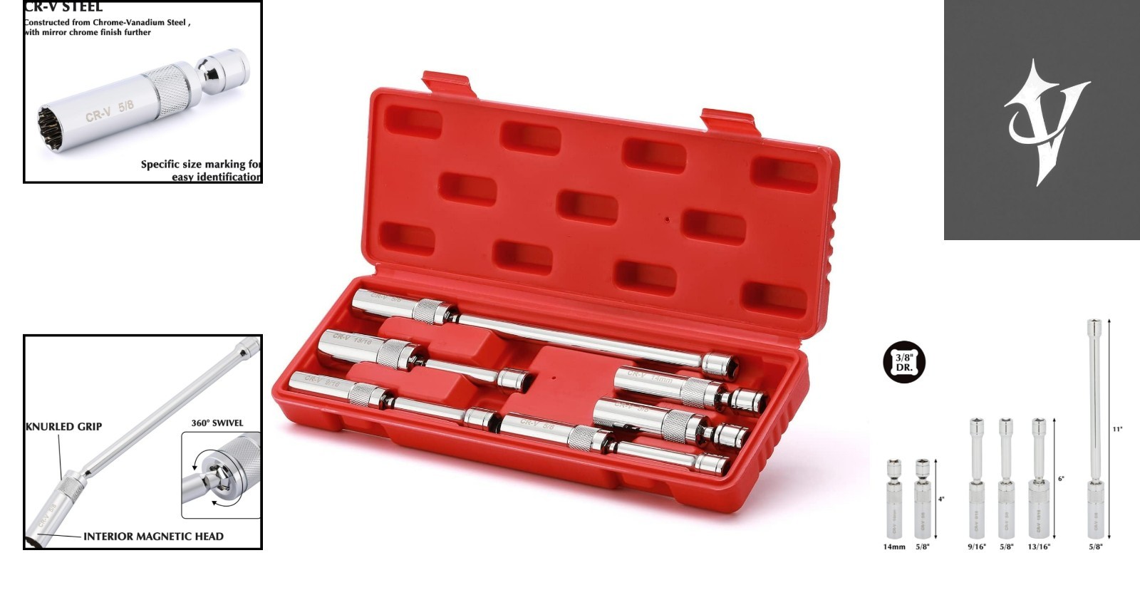 6-Piece 3/8″ Drive Magnetic Swivel Spark Plug Socket Set in Chrome-Vanadium S…