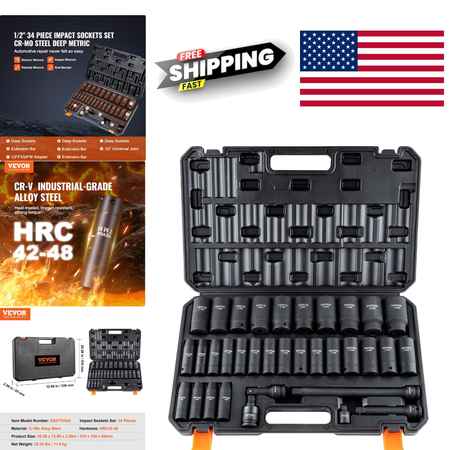 Comprehensive 1/2 Drive Impact Socket Set 34 Pieces with Extension Bars Included