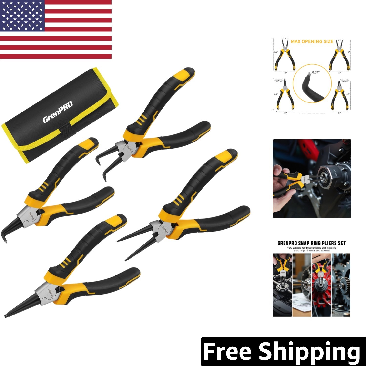 4-Piece Snap Ring Pliers Set – 7-Inch Chrome Vanadium Steel with Storage Pouch