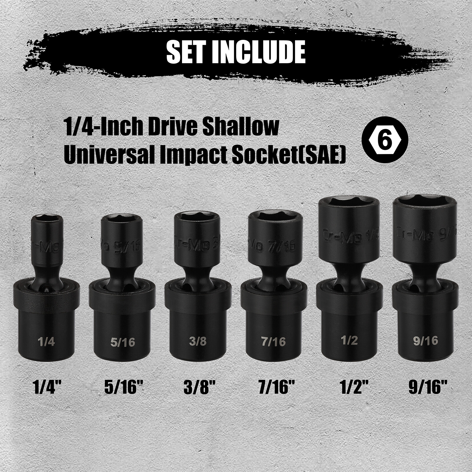 6PCS 1/4″ Drive SAE Shallow Universal Impact Socket Set 1/4″-9/16″ Swivel CR-MO