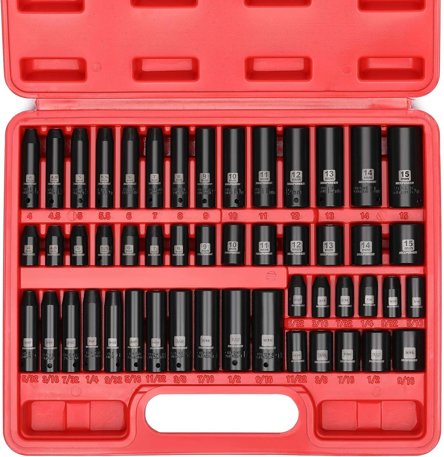 MIXPOWER 50 Pieces 1/4″ Dr. Impact Socket Set, Without Accessories, Black