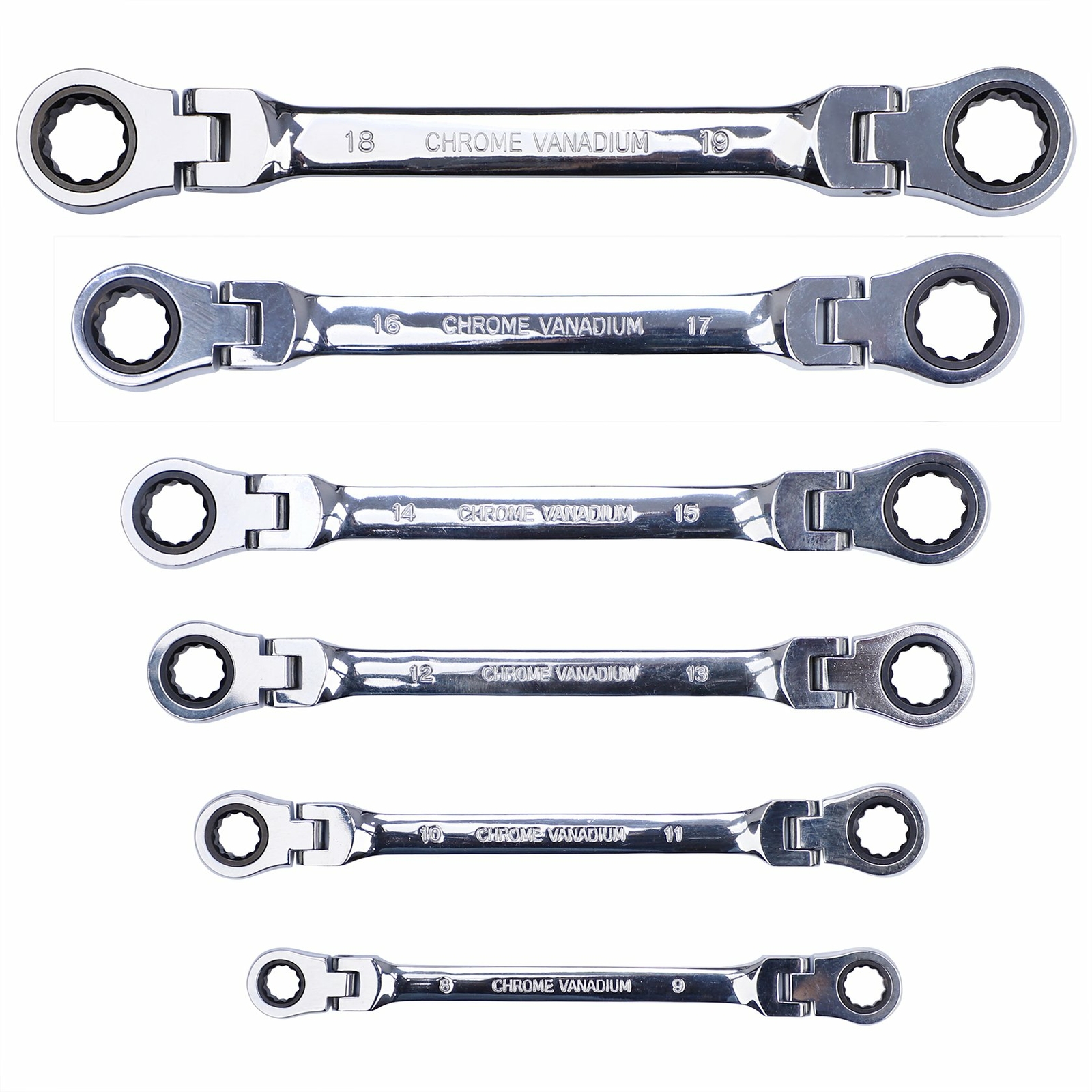 6Packs Double Box End Ratcheting Wrench Flex Head Extra Long Spanners Set Metric