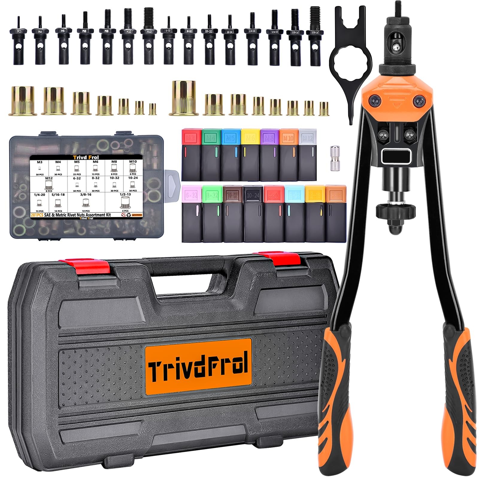 Rivet Nut Tool 16 Kit 281Pcs Metric SAE Mandrels Carrying Case Trivd Frol Rugged