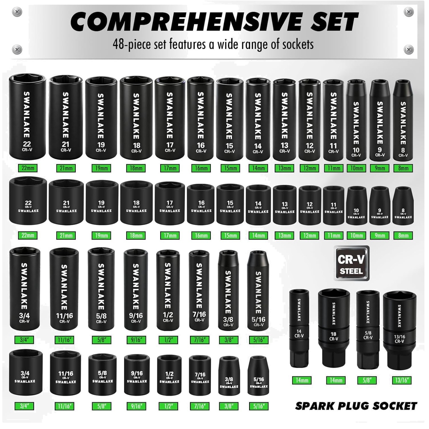105-Piece 3/8″ Drive Impact Socket Set, SAE 5/16 t