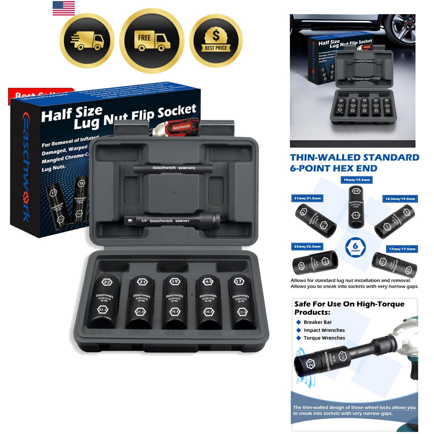 7Pc Half Size Lug Nut Socket Set 1/2” Drive Thin Wall Impact Flip Socket Set …