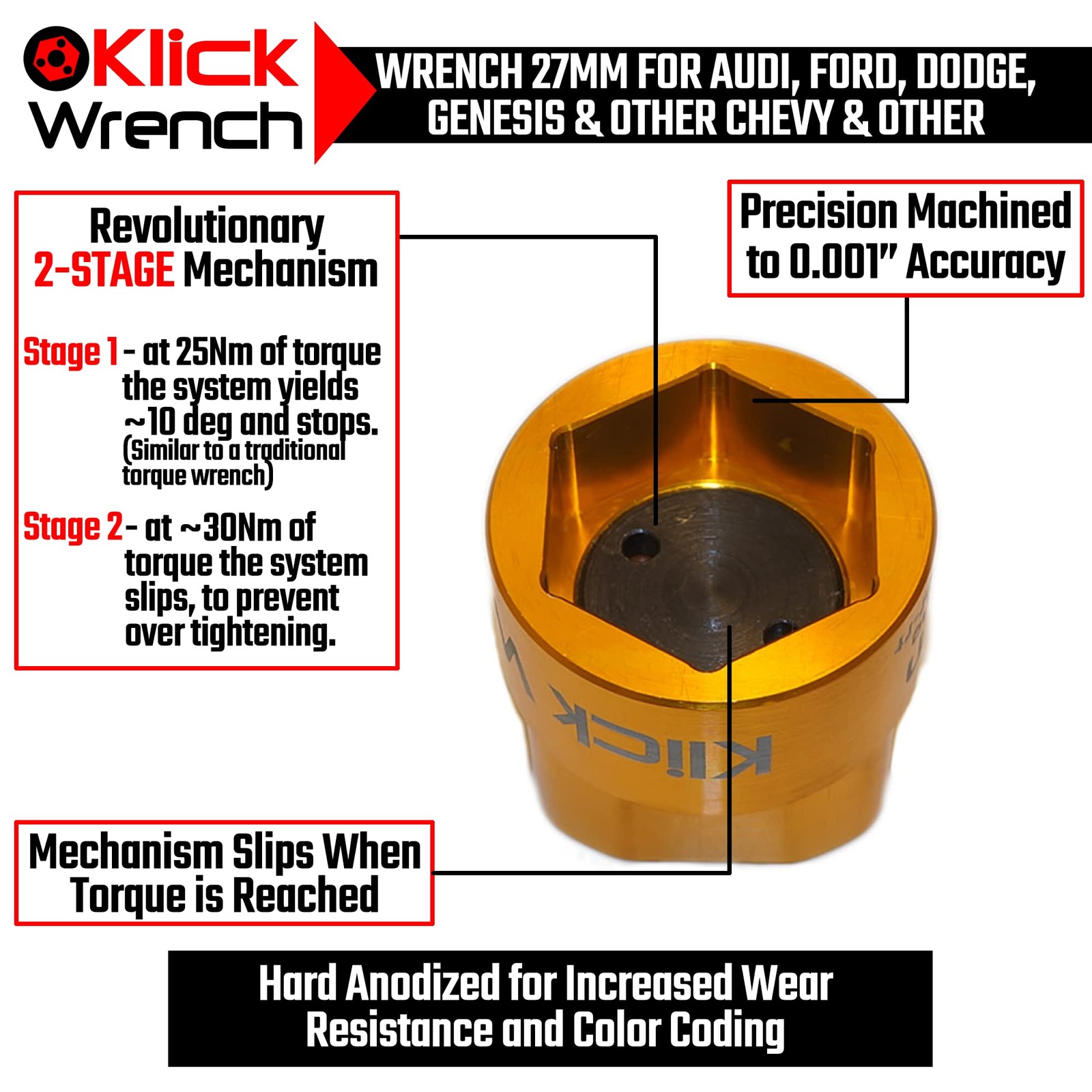 KLICK WRENCH 2 Stage 27mm Torque Limiting Oil Filter Wrench, 27mm, Yellow