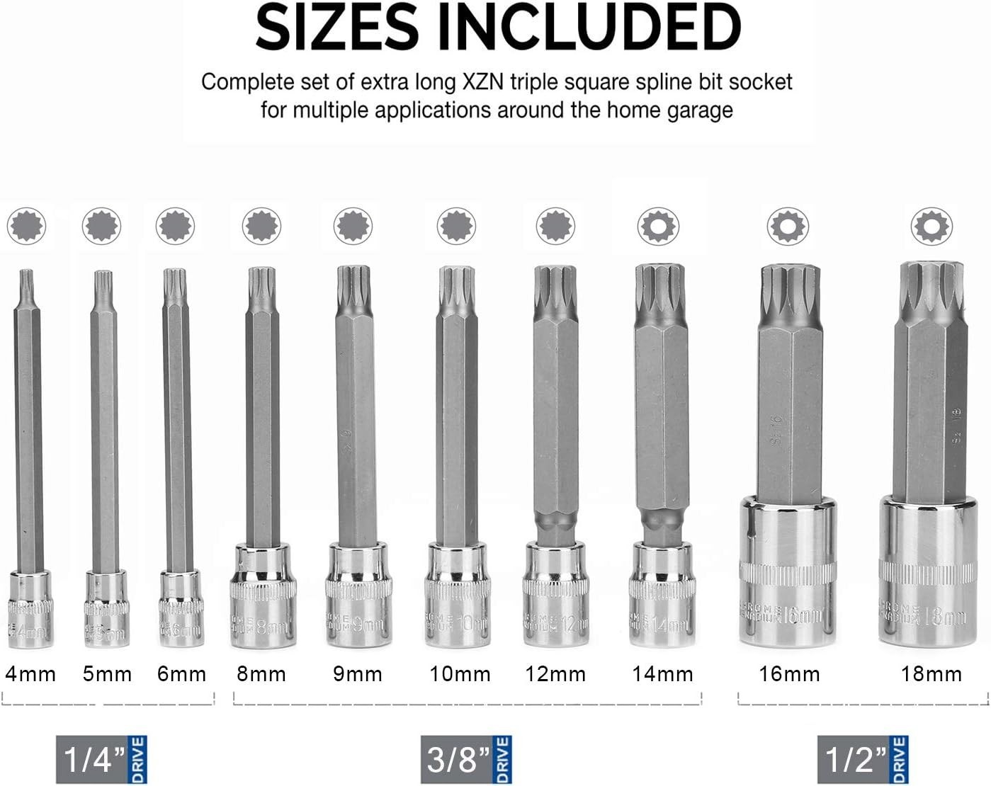 XZN Triple Square Spline Bit Socket Set, 1/2″ 3/8″ 1/4″ Drive, M4 – M18, S2 a…