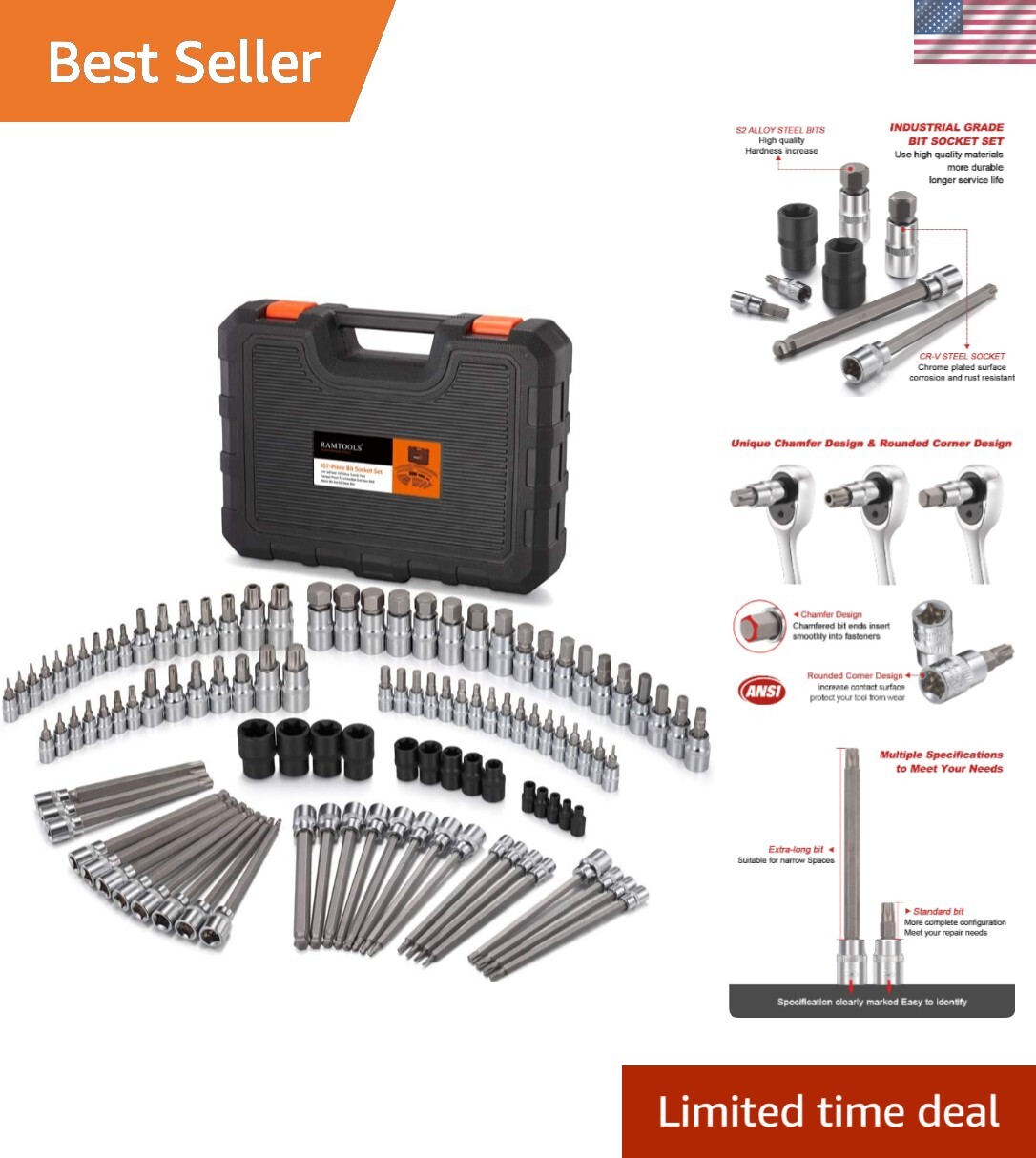 107-Piece Allen and Torx Bit Socket Set, 1/4″, 3/8″ and 1/2″ Drive Hex/Ball E…