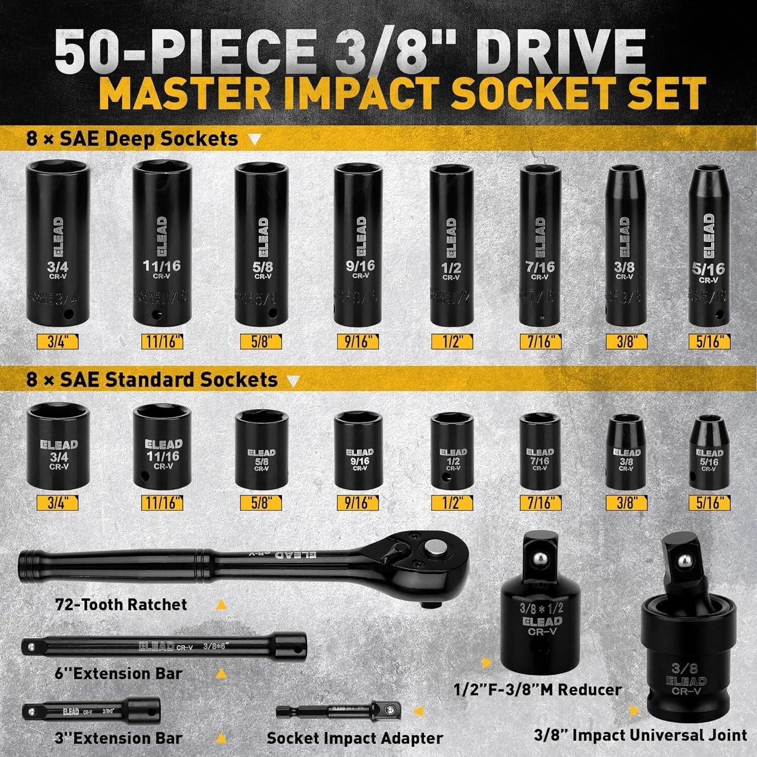 3/8″ Drive Impact Socket Set 50PCS Shallow & Deep Socket Set Metric and Standard