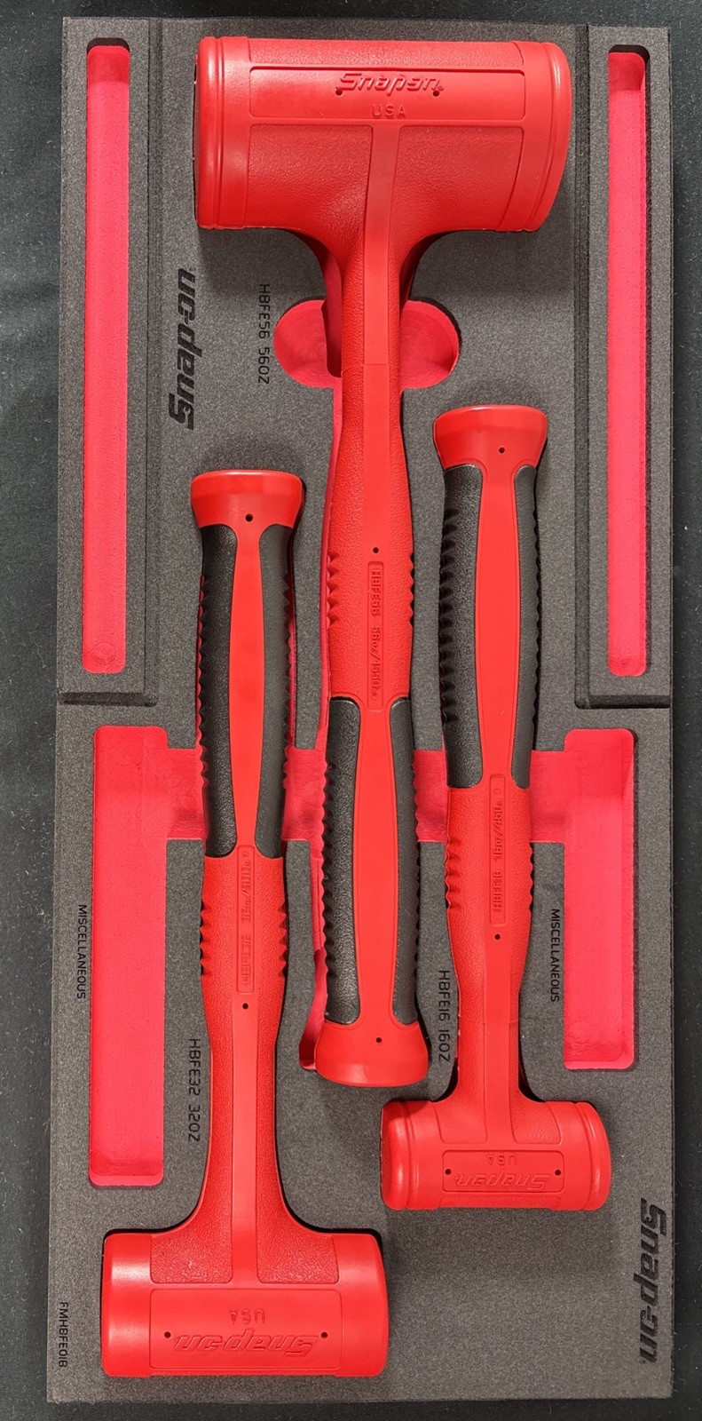 Snap on 3pc Soft Grip Dead Blow Hammer Set w/ PRO-FI Organization 12, 32, 56 oz