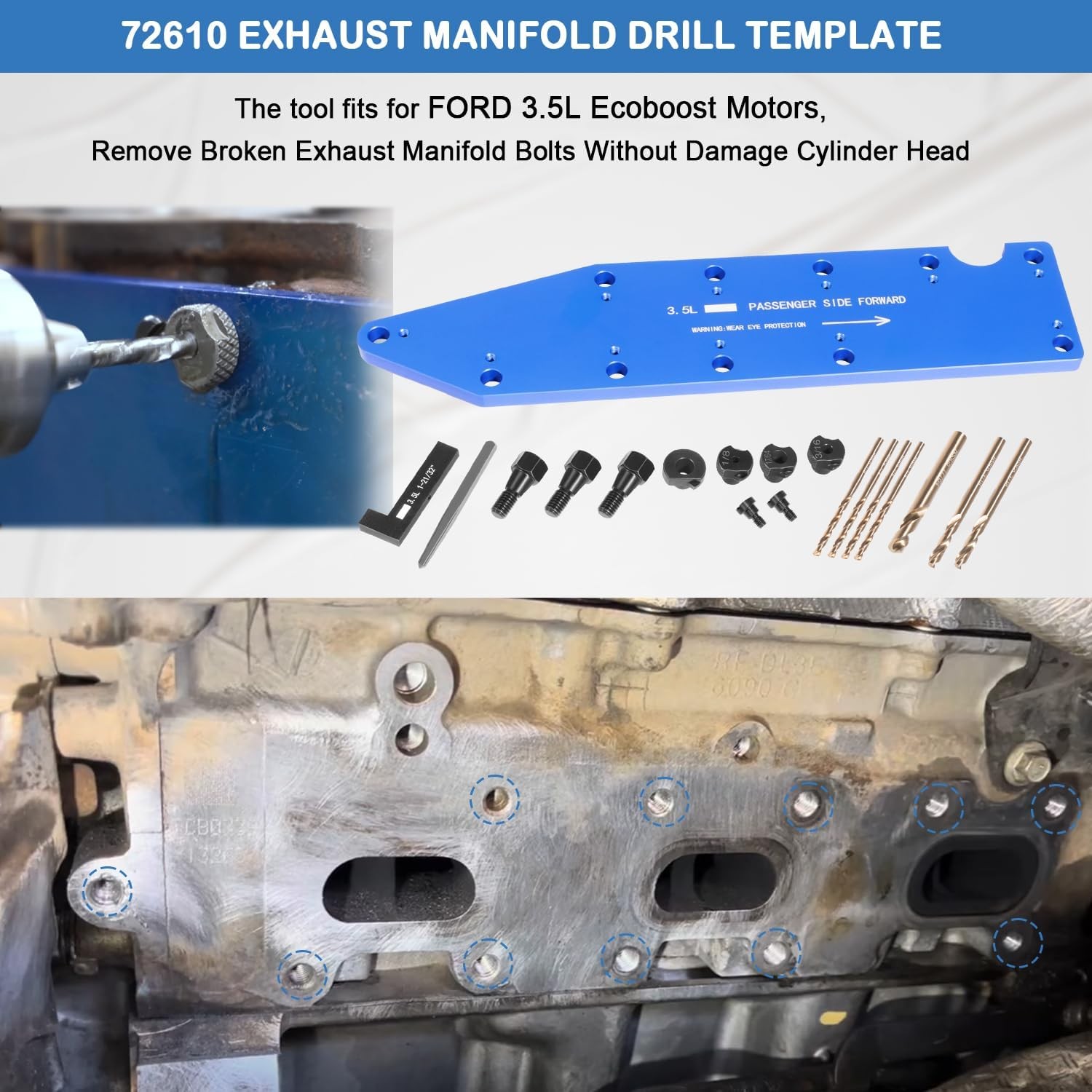 72610 Manifold Drill Template for Ford 3.5L Ecoboost Remove Broken Exhaust Blue