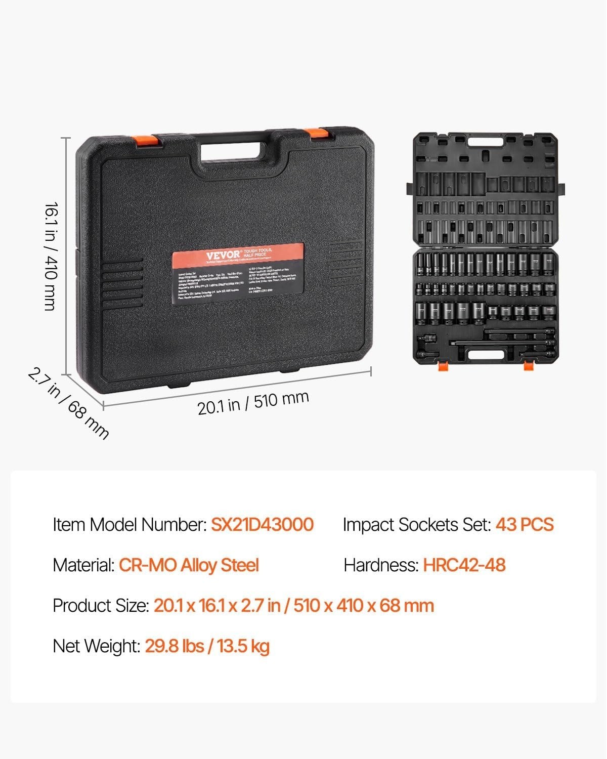 High Torque 43-Piece Impact Socket Set – Durable Cr-Mo Steel, Easy to Organize