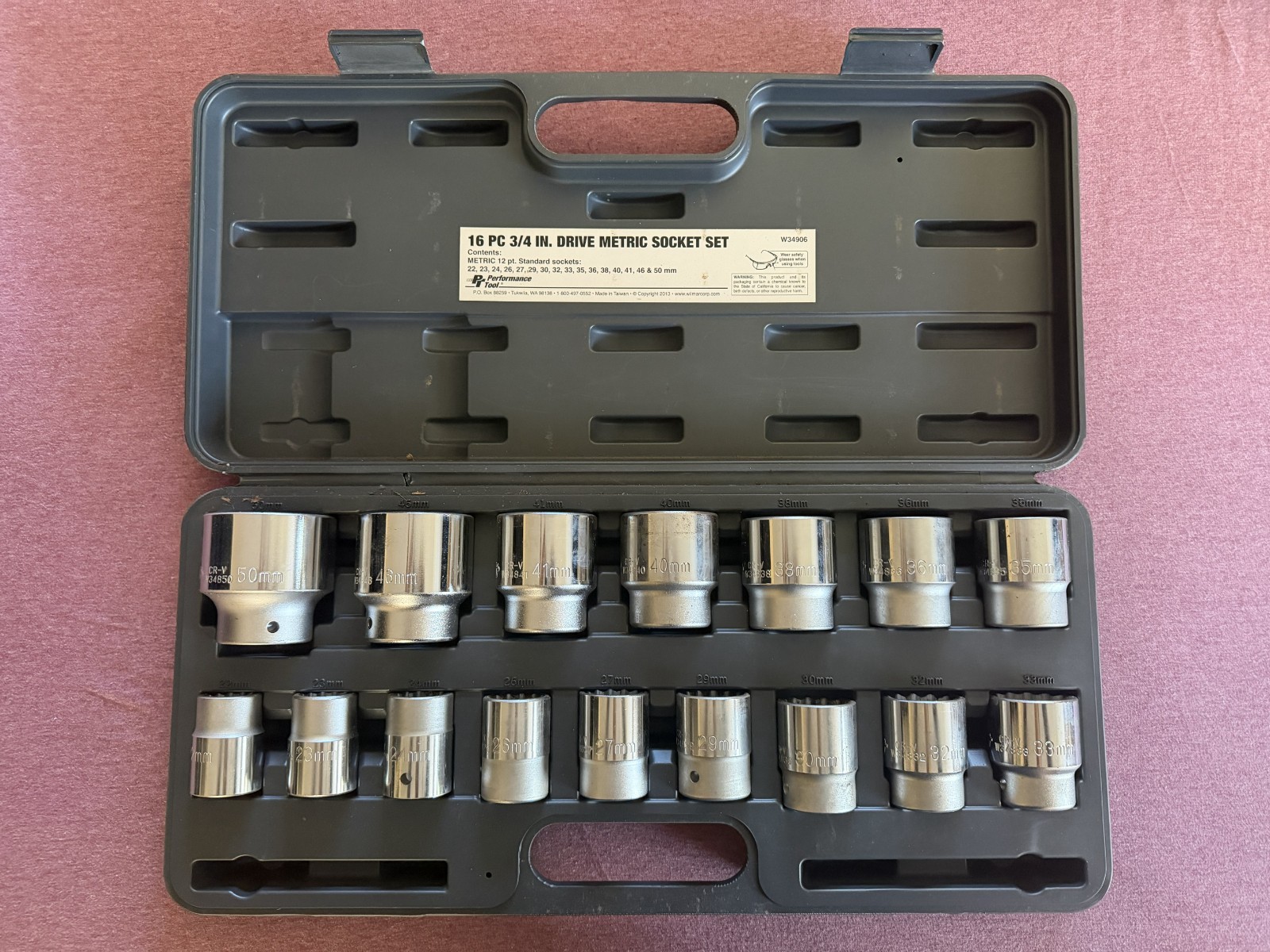 Performance Tool W34906 16pc 3/4” Drive Metric 12-Point Socket Set 22–50mm