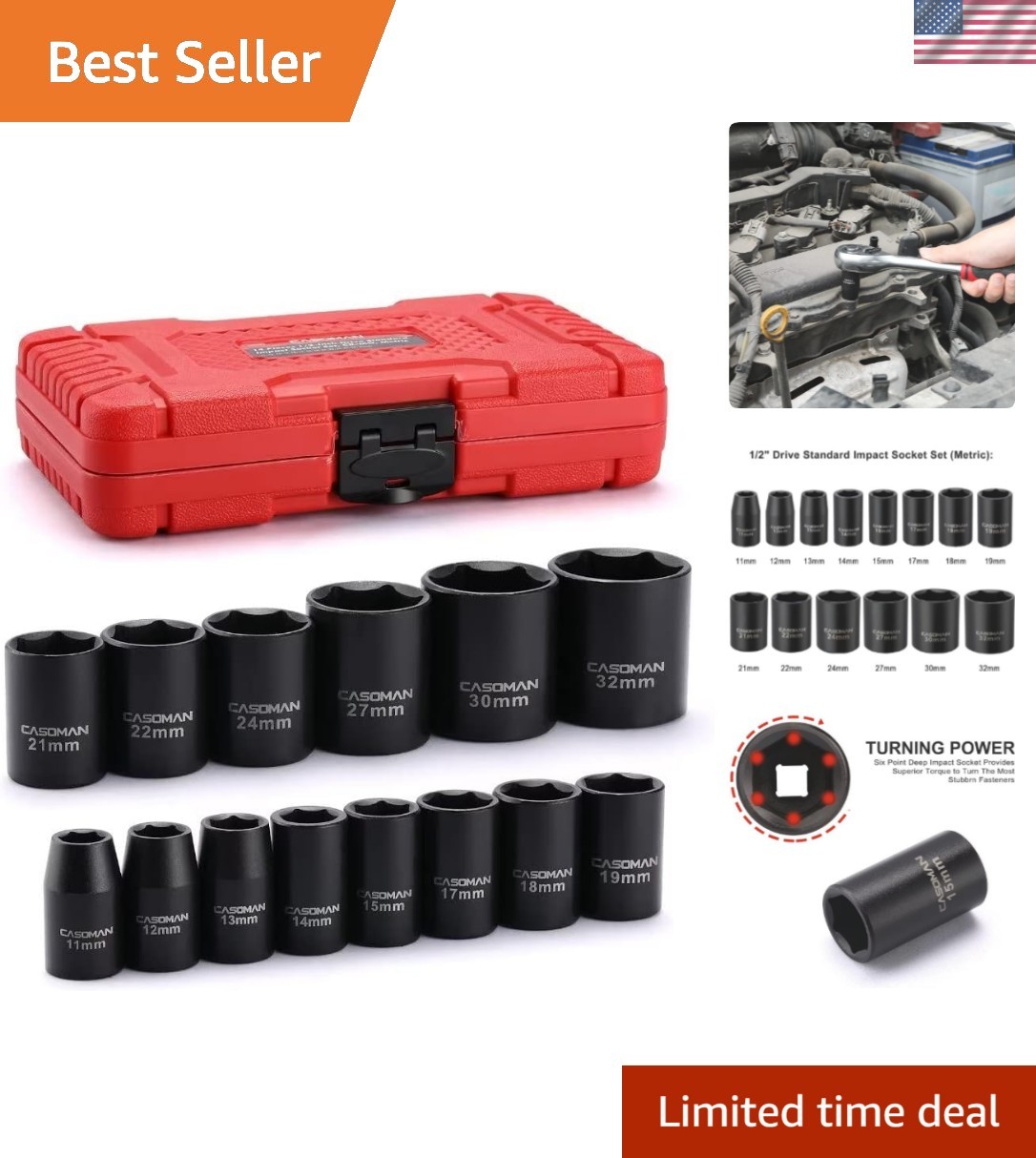 14 Pieces 1/2-Inch Drive Shallow Impact Socket Set, Metric, 6-Point, 11mm to …