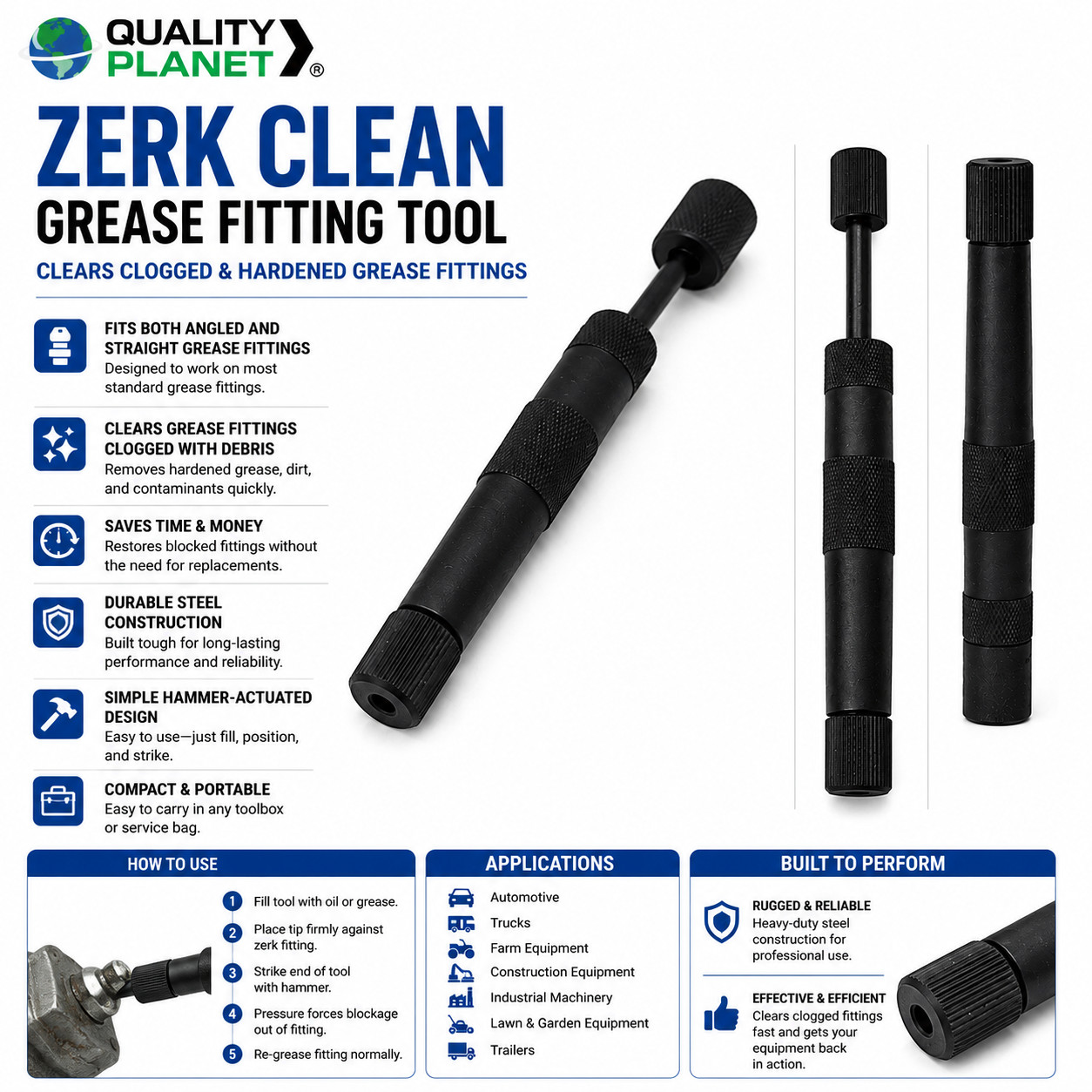 Heavy Duty Grease Zerk Cleaner Tool Clears Hardened Grease